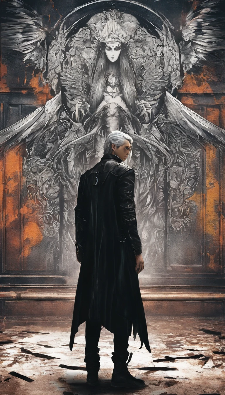 awe inspiring,,Dark and mysterious interior architecture,, depth of fields, One-person viewpoint, top-quality, hight resolution, ighly detailed,, The ultra -The high-definition,Focus on the eyes,Antique style, (silber hair: 1.1), (Silver eyes: 1.1), big eye,(Fluttering chest:1.4),llight rays,Tyndall phenomenon,Strong light shines in,One-winged fallen angel,Black wings,FF7,Sephiroth,male people,Black leather clothing,masamune,27yo,