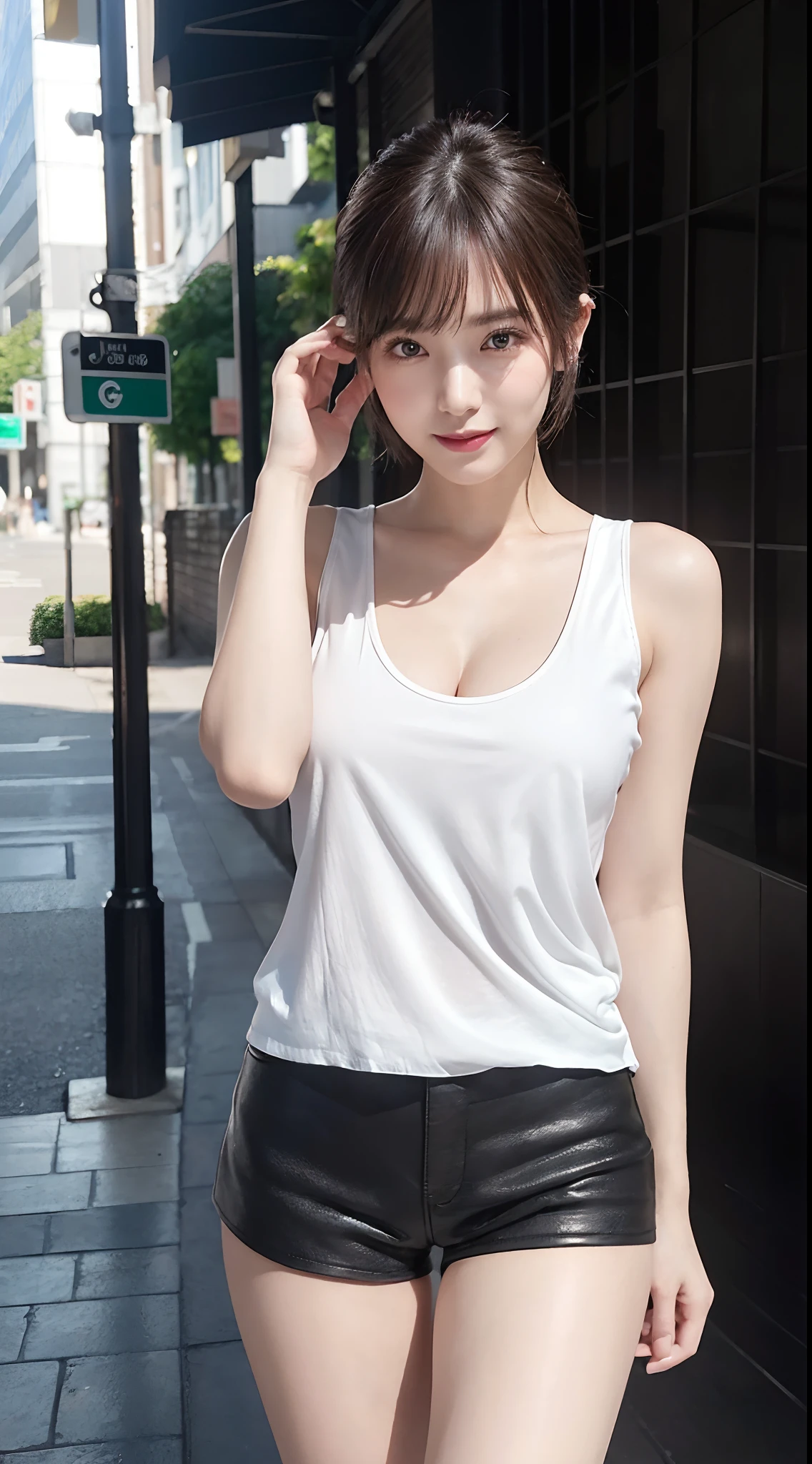 Innocent 20 year old girl、((White tank top, Black leather shorts,Dramatic poses)),Smile,short-cut,Park background、Raw photo, (8K、top-quality、​masterpiece:1.2)、(intricate detailes:1.4)、(Photorealsitic:1.4)、octane renderings、Complex 3D rendering ultra detail, Studio Soft Light, Rim Lights, vibrant detail, super detailing, realistic skin textures, Detail Face, Beautiful detail eyes, Very detailed CG Unity 16k wallpaper, make - up, (detailedbackground:1.2), shinny skin, Full body、From head to thigh,cleavage of the breast,((Hands behind the body,standing with spread legs))