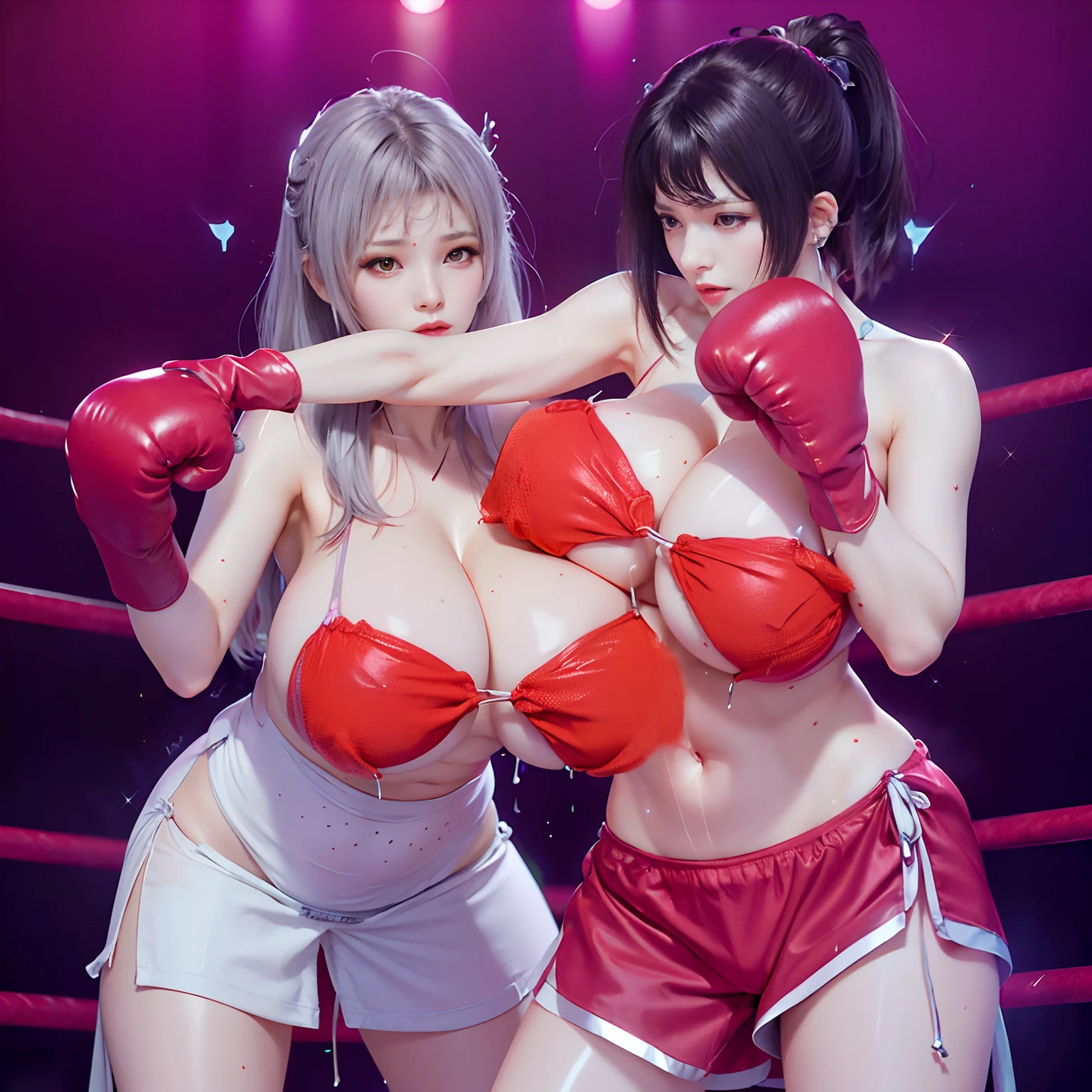 ((Unreal Engine 5)), Realistic Rendering, Excellent, (sexy skimpy bikini:1.3), looking on camera, (standing:1.8), beautiful face, makeup, CGImix, (photorealism:1.2), ultrarealistic uhd face, (huge soft boobs:1.5), (muscle abs:1.3), (big butt:1.3), (wide hips), (thick thighs), slim waist, hourglass figure, half body, ((glowing skin)), ((shiny skin)), Realistic body, ((she is sexy body)), ((clean skin)), photorealistic, bokeh, motion blur, masterpiece, highres, 1080P, super detail, textured skin. Boxing