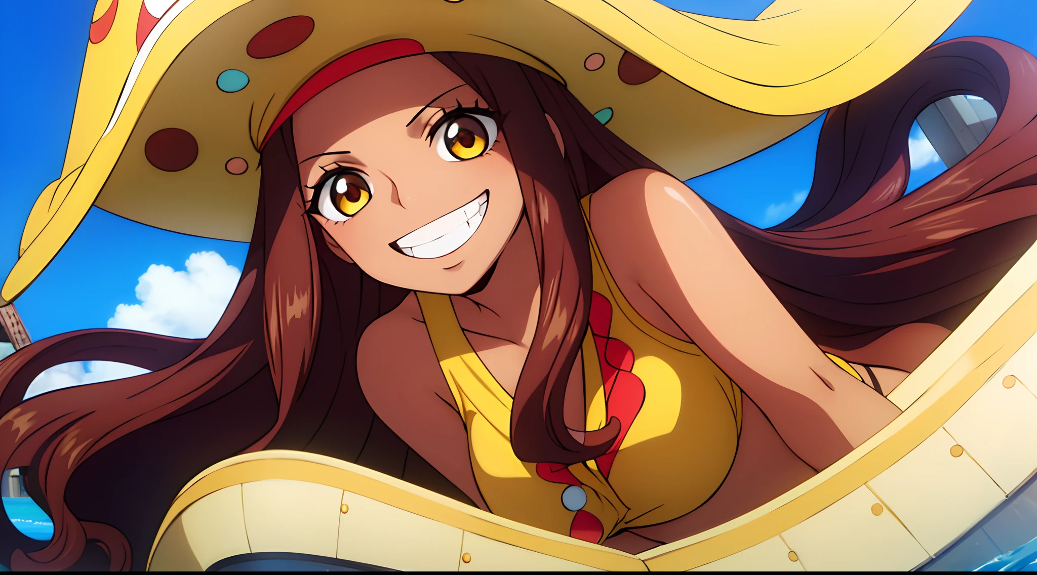 Masterpiece, Best quality, 1lady, ((solo)), tanned skin, long wavy curly brown hair, parted bangs, forehead, yellow eyes, grinning, confident smile, on ship, sea, close up, pirates hat