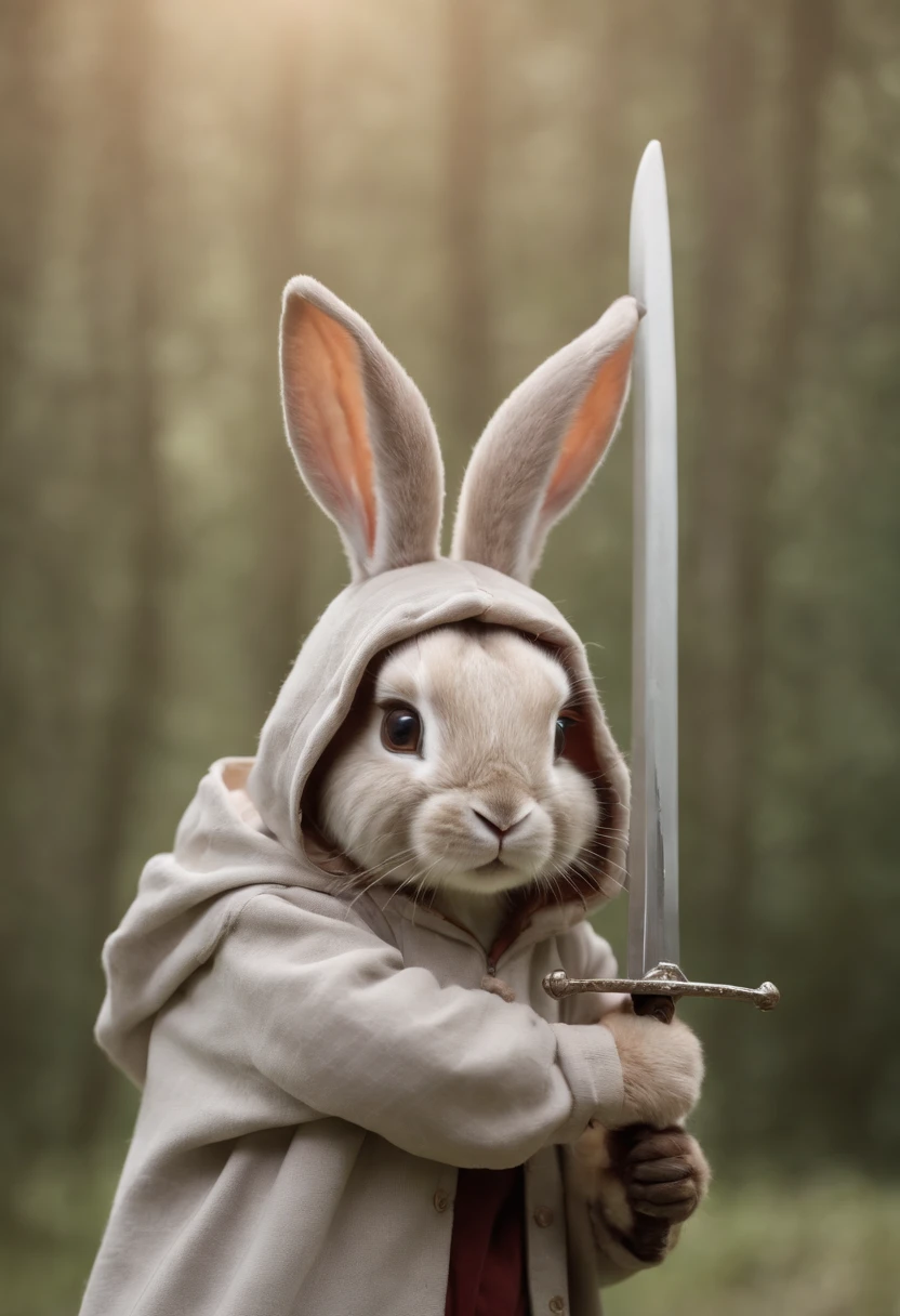 female rabbit, tall, wearing loose pants, holding a sword, hood covers head with hears protruding,