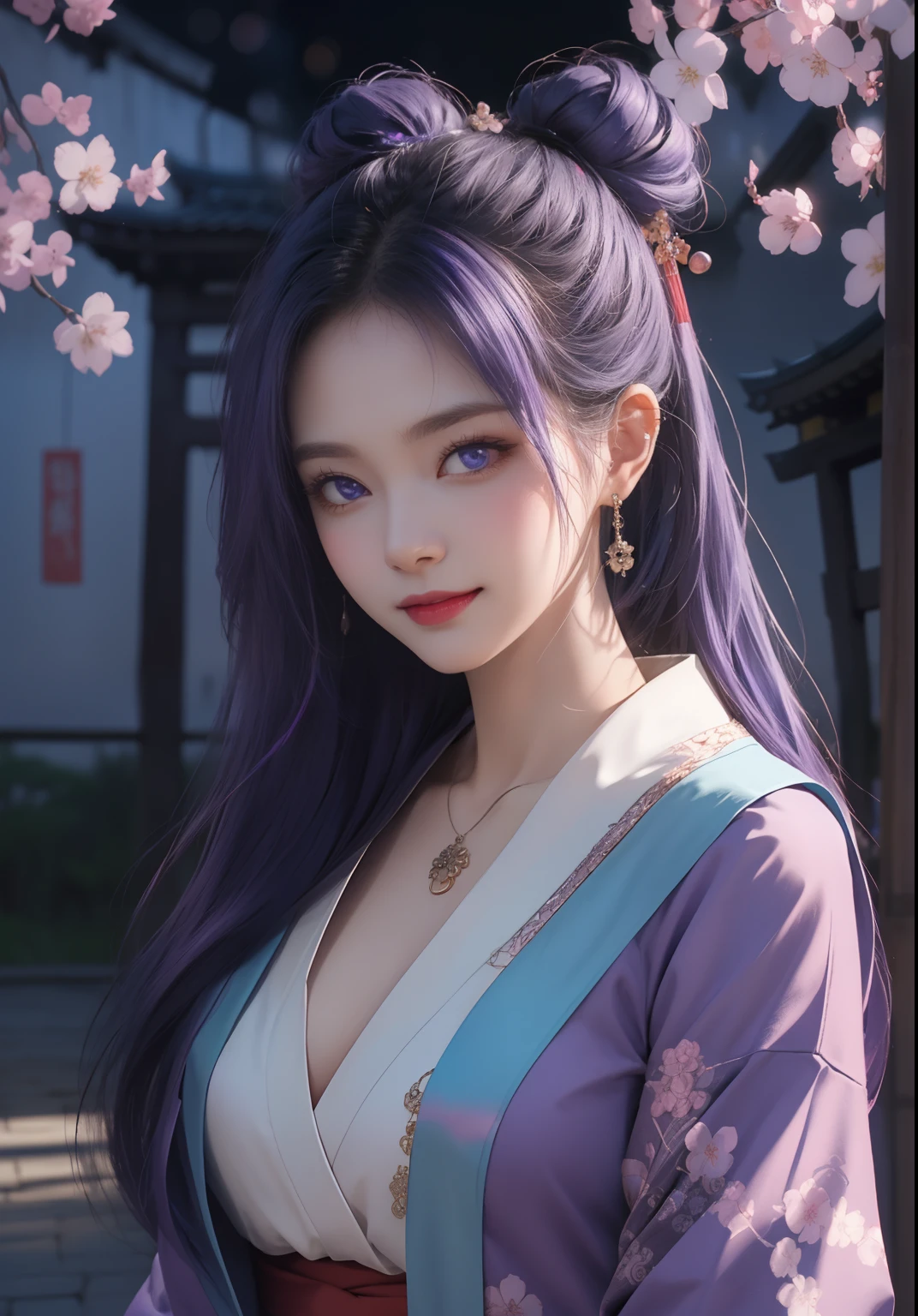 (T's masterpiece, nood,1girll, Solo, Intricate details, Looking up in perspective, color difference), realphoto,(façade), (Shoulder cut), cleavage, close-up, Smile, Sexy Enhancement,Yae Miko, Purple-blue hair, Purple and blue accents, Purple eyes, Sharp look, Perfectly symmetrical figure, Neon Shirt, Jacket exposure, Sweaters, Leaning against the wall, Brick wall, doodle, dim lights, alleyway, Looking at the viewer.((Evil streaks, Cleavage is seductive, The big ones are enchanting)),(((Cherry blossom background) )),((((Japanese Temple Background)))), (((Glows on a dark background)))