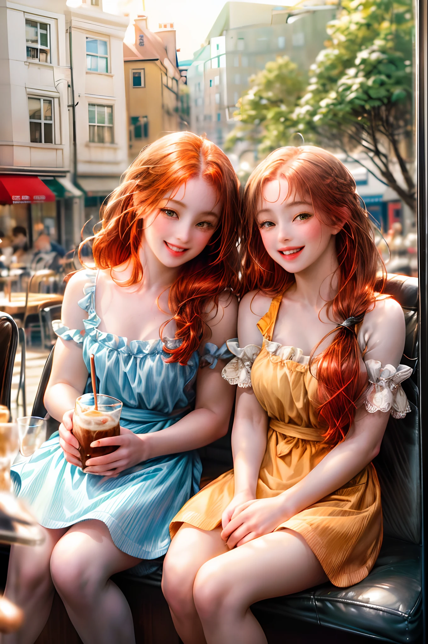 (absurd, highres, ultra detailed), 2girl, sitting at a table near the window where the shops outside are reflected, are in a coffee shop, drinking coffee from the same glass with two straws, friends smiling at camera, (((Red hair girll smile))), (((brown hair girl laugh))) , (((two friends sitting next to each other))), (((2 best friend hang out at cafe)))
