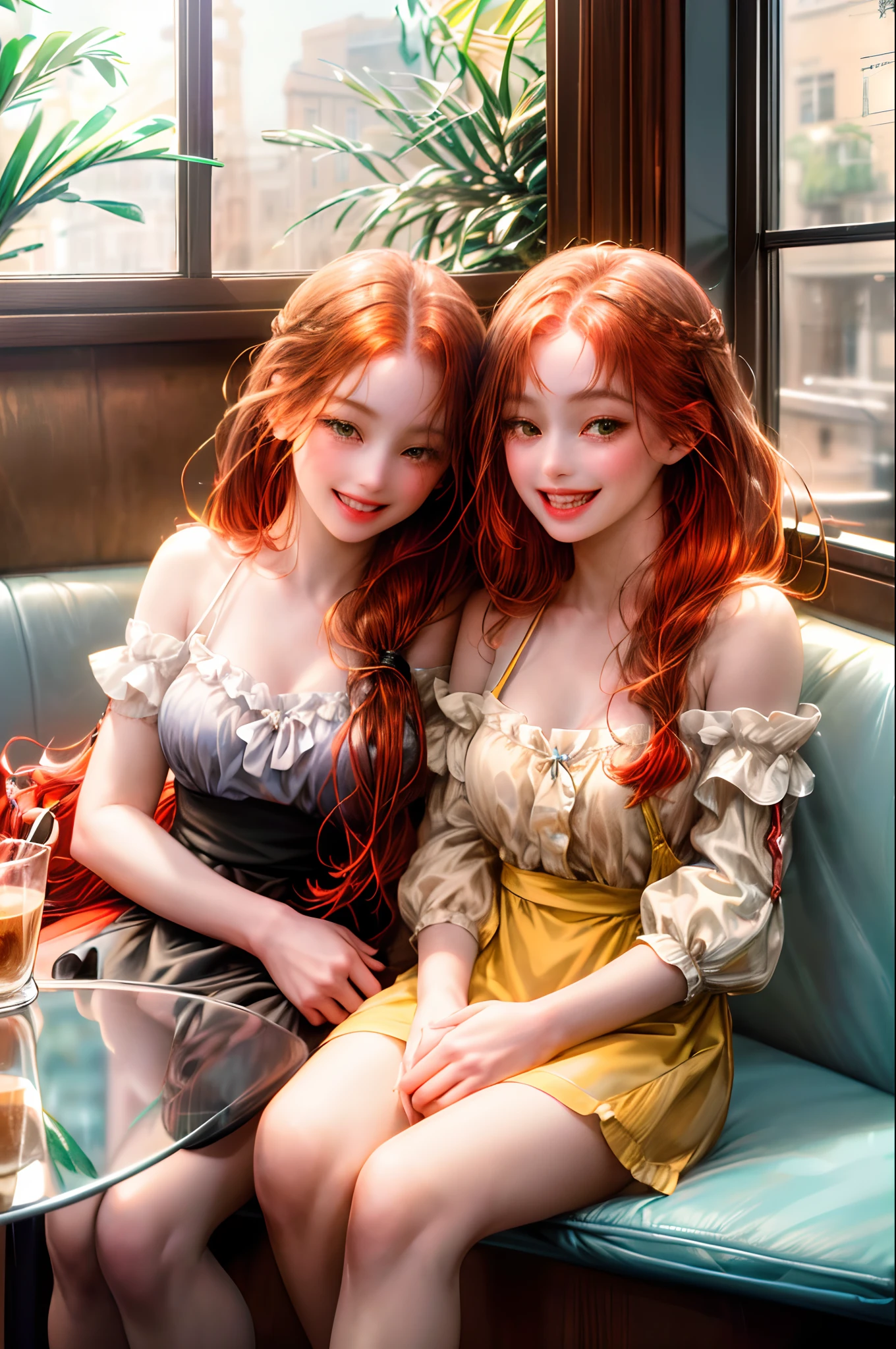 (absurd, highres, ultra detailed), 2girl, sitting at a table near the window where the shops outside are reflected, are in a coffee shop, drinking coffee from the same glass with two straws, friends smiling at camera, (((Red hair girll smile))), (((brown hair girl laugh))) , (((two friends sitting next to each other))), (((2 best friend hang out at cafe)))