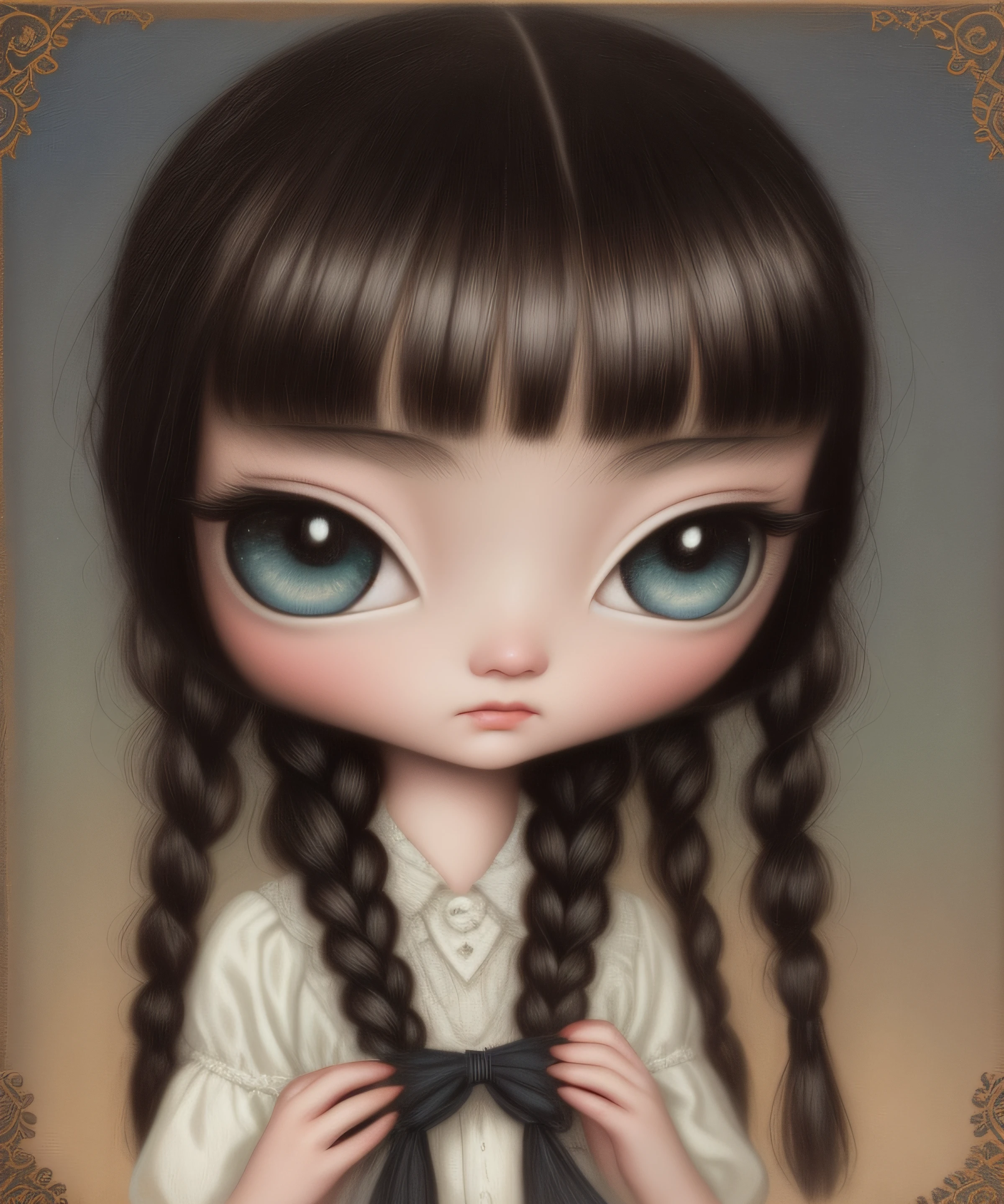 Painting of a girl with a long braid, Estilo Mark Ryden, Arte de Jana Brike, Mark Ryden muy detallado, benjamin lacombe, Estilo de Mark Ryden, Surrealismo pop Lowbrow Art Style, Surrealismo pop lowbrow, Mark Ryden en el estilo de, inspirado por Mark Ryden