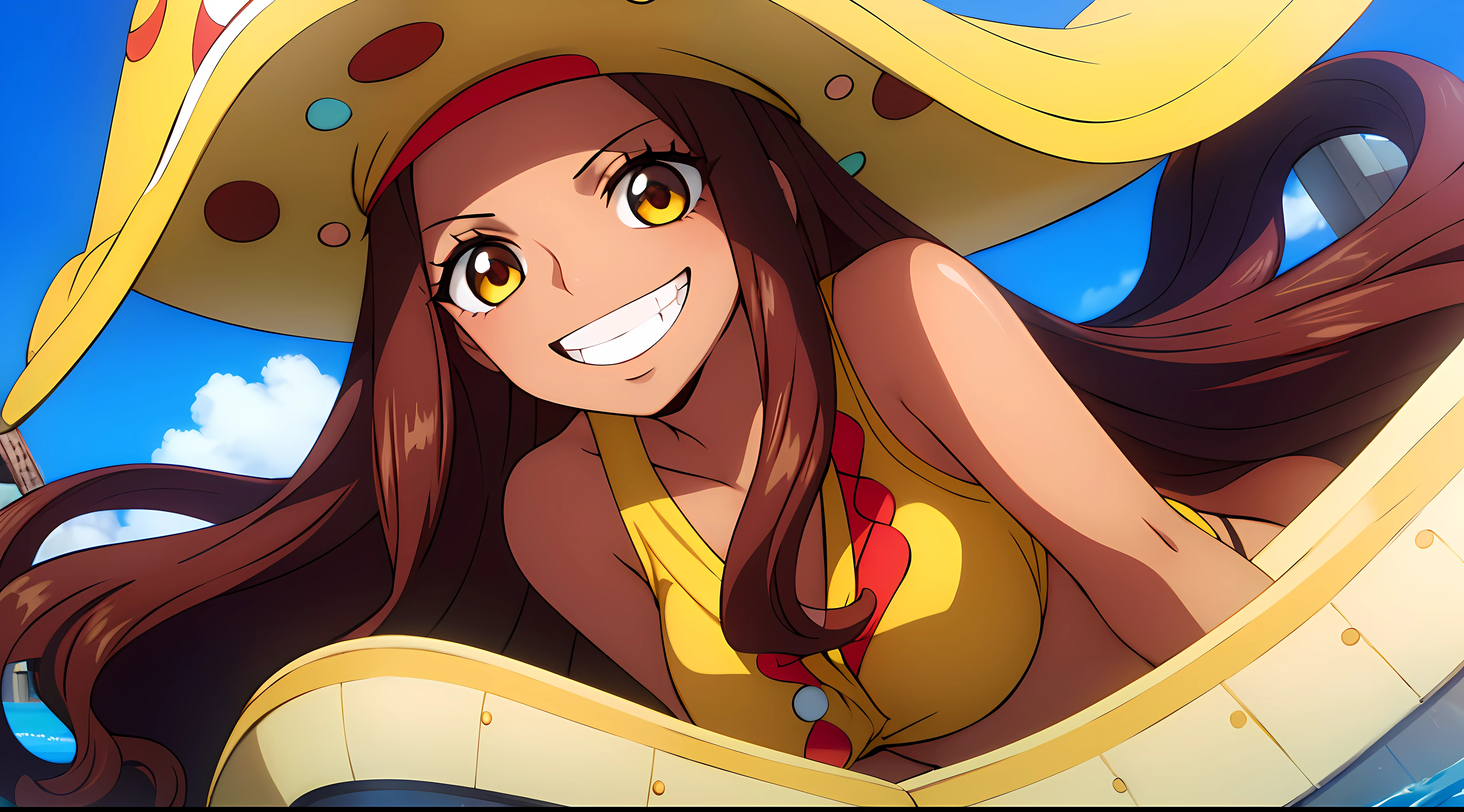Masterpiece, Best quality, 1lady, ((solo)), tanned skin, long wavy curly brown hair, parted bangs, forehead, yellow eyes, grinning, confident smile, on ship, sea, close up, pirates hat