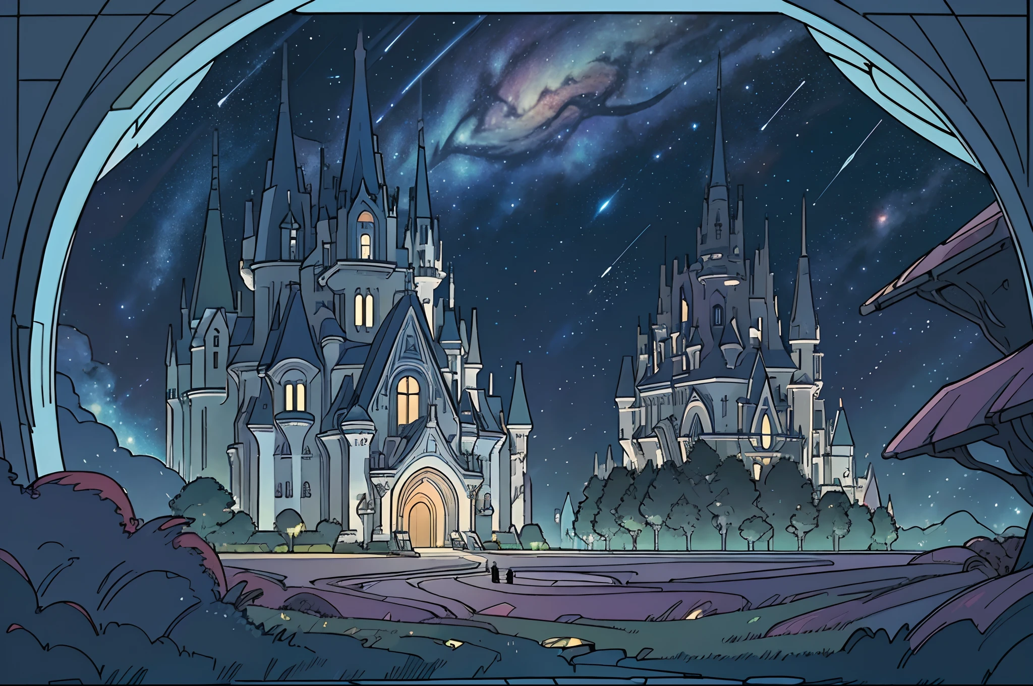 in the middle of the space, a giant ((space ship with a glass domo1.5)), carrying a beautiful elvish castle inside, art nouveau, Gaudí inspired with curved lines, some windows slightly illuminated, surrealistic, illuminated by stars, deep black starry sky with nebula as background, dreamy.