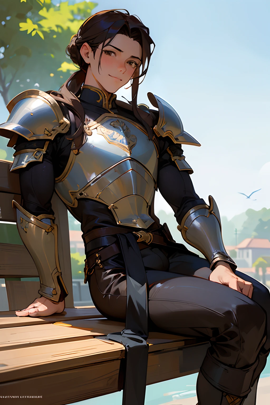 Masterpiece, ultra-high quality, very detailed, trending on ArtStation, 1man, (effeminate), long hair, (brown hair), ((chignon haircut)), looking at viewer, (head tilted slightly upwards), extremely detailed eyes, (brown eyes), blushing slightly, smiling, detailed nose, silver and bronze knight chest armor, wearing black leather leg armor, (groin bulge), ((muscular thighs)), (((detailed leg muscles))), simple black leather laced boots, holding long sword in scabbard, belt and buckles on waist, actor sitting on a wooden bench, town square on background, trees on background, blue sky on background, white clouds on background, birds in the distance, sunny ambiance, ambiance light
