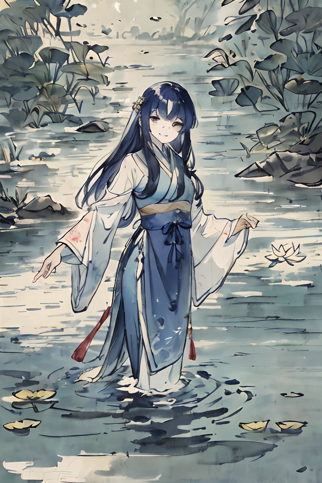 ((4k,masterpiece,best quality)), shuimobysim, traditional chinese ink painting, lotus, hanfu, maxiskit, dress conservatively 1girl, solo, long blue hair, smile, standing, feet in the water, barefoot,