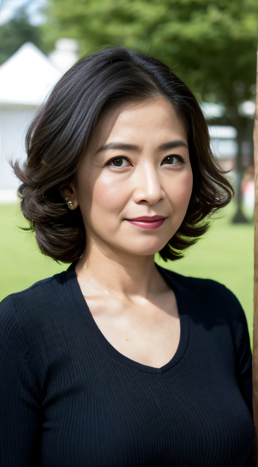 ((Best quality, 8K, Masterpiece, Portrait: 1.3)), (View viewers), Photorealism, Sharp focus, Solo, The Moro Islamic Liberation Front of Japan, Beauty,Wavy hair, Wrinkles at the corners of the eyes, to emphasize, ((Big breasts:1.3))),,30 years old, curlies, Wrinkled eyes, Elegant black shirt、Skinny knit dress、((looking at viewert))