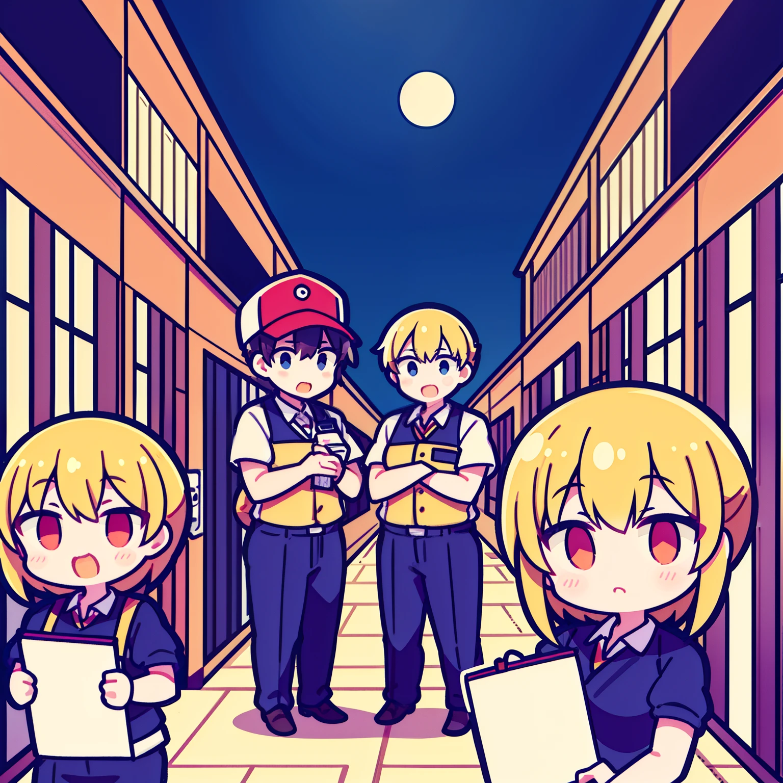 Cute multiple male warehouse staff and multiple female plainclothes staff,Outside the warehouse,Moon