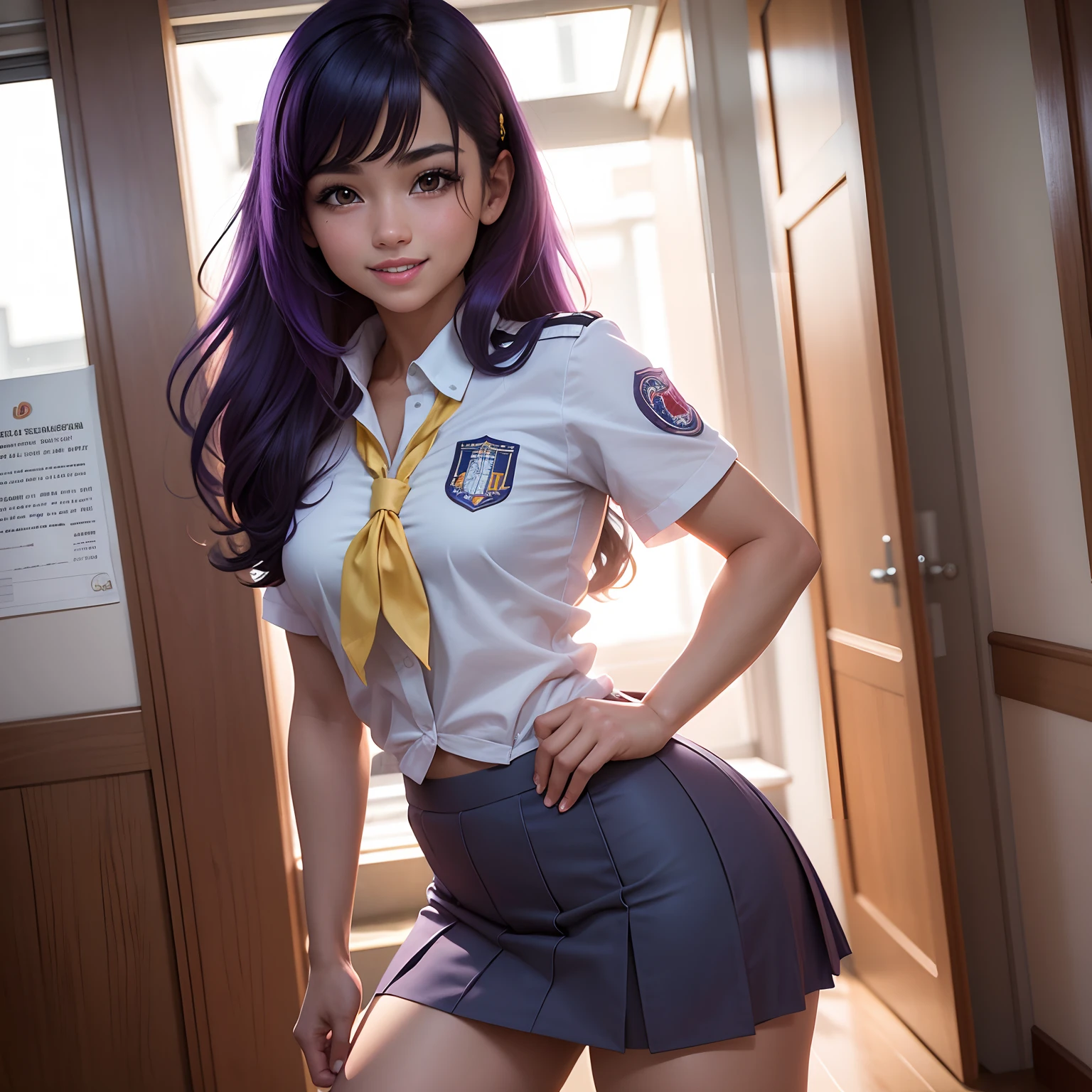 Chica bonita semi realista, con uniforme de colegiala, semi desnuda, cabello violetalargo y ondulado, sonriendo, coqueta, pose sexi, pasillo de la escuela, lifting her skirt to show her