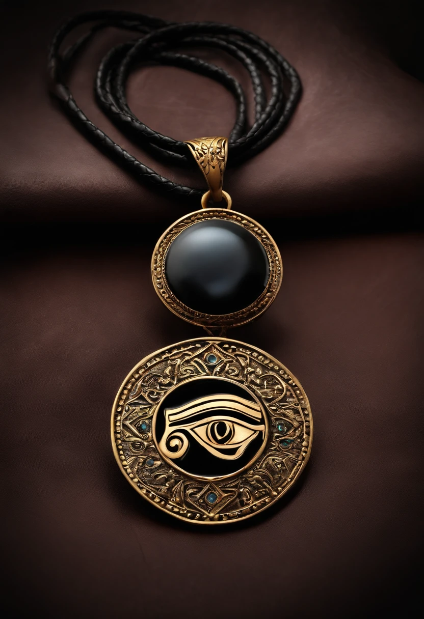 Black leather necklace with a pendant depicting the Eye of Horus held in the palm of an animated hand."