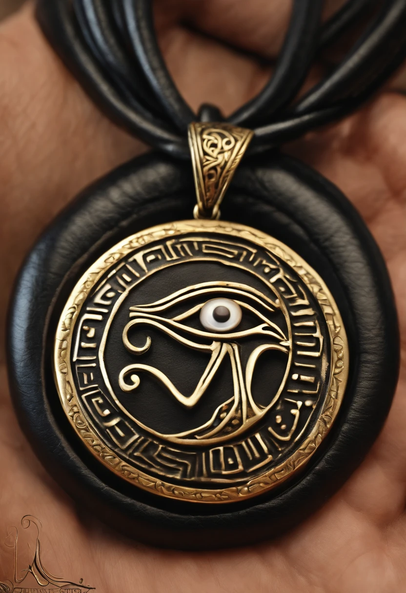 Black leather necklace with a pendant depicting the Eye of Horus held in the palm of an animated hand."