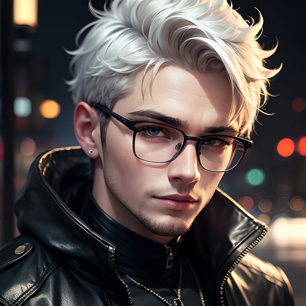 Realistic portrait, perfect coloring, vivid and real colors, a robust 22-year-old man with short white hair, wearing round cyberpunk style glasses and wearing black leather jacket with silver details, futuristic and gorgeous style, perfect --auto