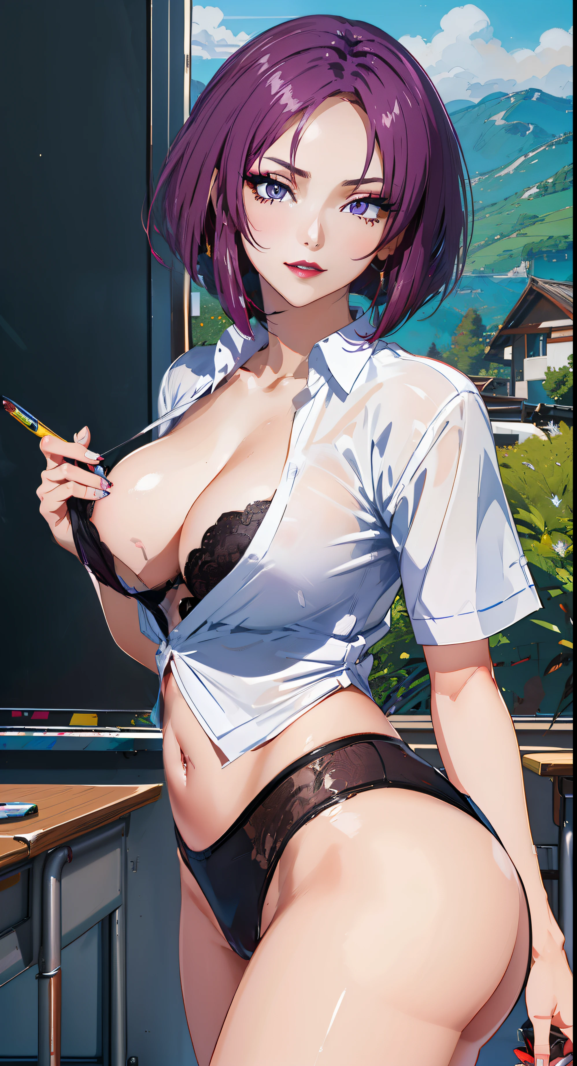 purple eyes, (best quality, masterpiece painting:1.3), Lucy from Ninja Slayer, mature female, 26yo, (half body shot:1.3), schoolgirl, school uniform, (seductive look:1.5), purple hair, short hair, stacked bob hair, (large breasts:1.2), (narrow waist:1.1), cleavage, perfect body, (athletic body:1.1), soft skin, anime face, perfect face, (perfect eyes:1.3), glowing eyes, purple irises, anime eyes, smoky eyeliner, eyeshadow, asian, looking at viewer, smart, whiteboard background, classroom, sharp focus, intricate details, professional artwork, (vibrant colors:1.1), vivid colors, Diffused lighting, digital blending, ultra detailed body, ultra detail hair, ultra detail face, trending on pixiv, top button opened, shy girl, cute glance, makeup, purple lipstick, perfect lips, perfect makeup, ultra detailed painting, (landscape shot:1.4)