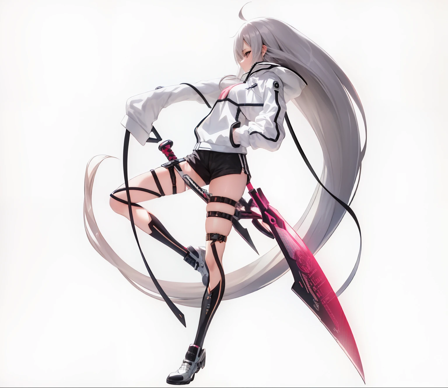 One Woman、Anime woman with long hair and sword in hand、Action Anime Girl.、White jacket、short pants、tall, (Anime Girl), nightcore, Holographic Blade!, kusanagi, 2b, 2 b