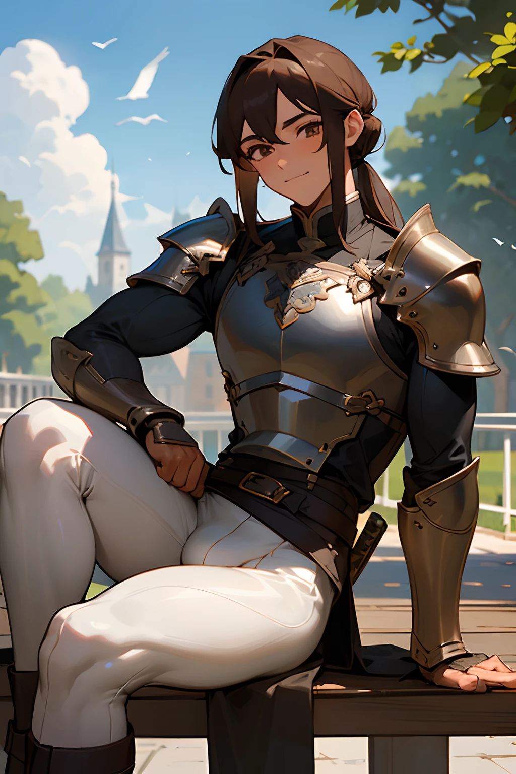 Masterpiece, ultra-high quality, very detailed, trending on ArtStation, 1man, (effeminate), long hair, (brown hair), ((chignon haircut)), looking at viewer, (head tilted slightly upwards), extremely detailed eyes, (brown eyes), blushing slightly, smiling, detailed nose, silver and bronze knight armor, wearing black leather leggings, (groin bulge), ((muscular thighs)), (((detailed leg muscles))), simple black leather laced boots, holding long sword in scabbard, belt and buckles on waist, actor sitting on a wooden bench, town square on background, trees on background, blue sky on background, white clouds on background, birds in the distance, sunny ambiance, ambiance light