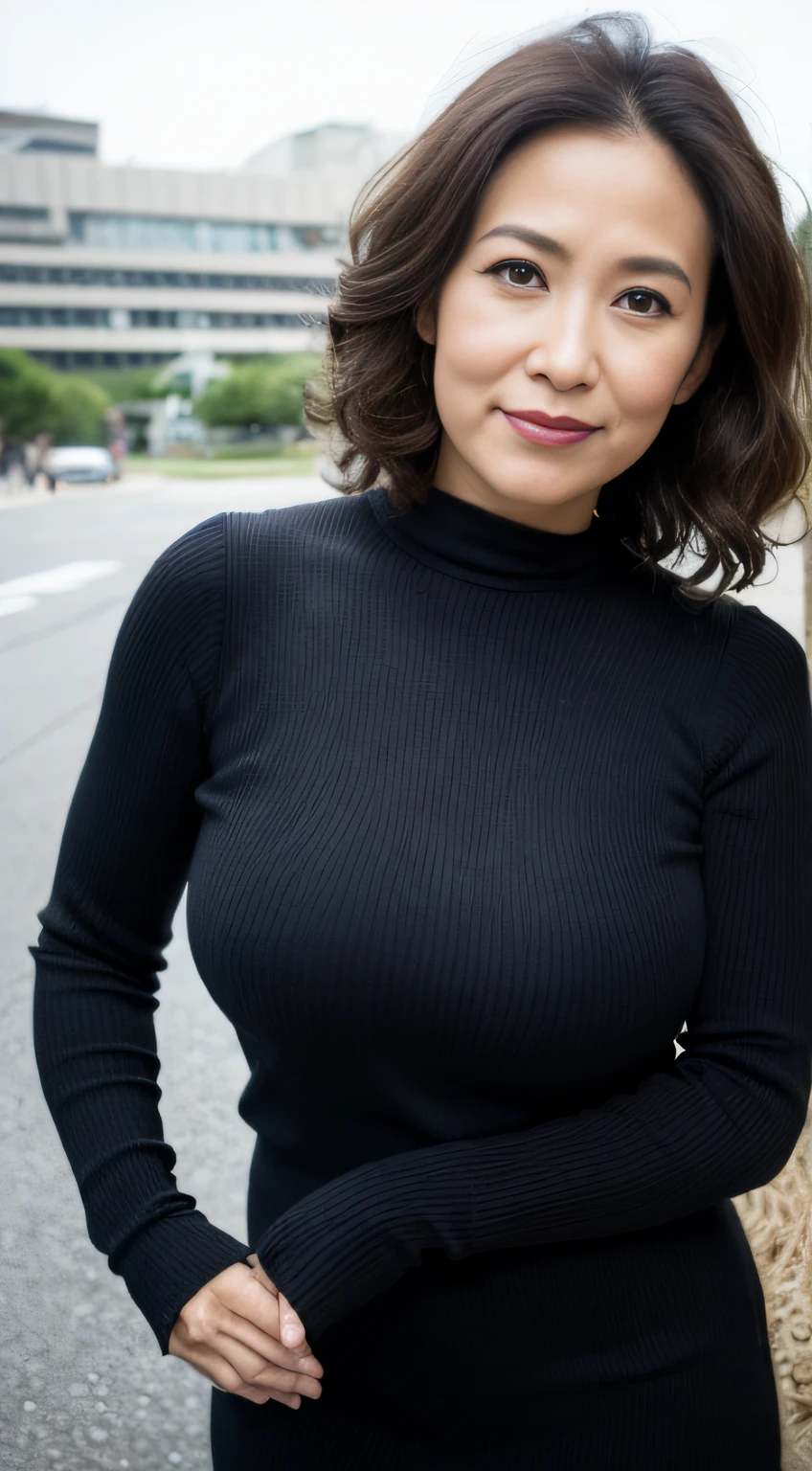 ((Best quality, 8K, Masterpiece, Portrait: 1.3)), (View viewers), Photorealism, Sharp focus, Solo, The Moro Islamic Liberation Front of Japan, Beauty,Wavy hair, Wrinkles at the corners of the eyes, to emphasize, ((Big breasts:1.3))),，30 years old, curlies, Wrinkled eyes, Elegant black shirt、Skinny knit dress、（（looking at viewert））