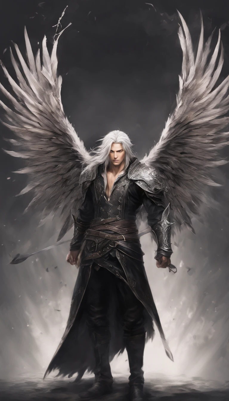 awe inspiring,,Dark and mysterious interior architecture,, depth of fields, One-person viewpoint, top-quality, hight resolution, ighly detailed,, The ultra -The high-definition,Focus on the eyes,Antique style, (silber hair: 1.1), (Silver eyes: 1.1), big eye,(Fluttering chest:1.4),llight rays,Tyndall phenomenon,Strong light shines in,One-winged fallen angel,Black wings,FF7,Sephiroth,male people,Black leather clothing,masamune,27yo,