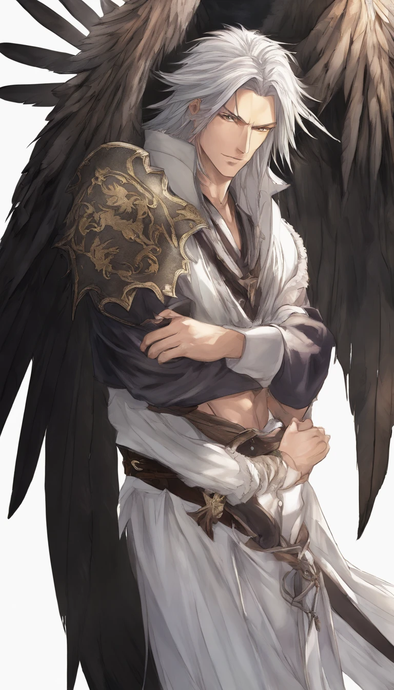 awe inspiring,,Dark and mysterious interior architecture,, depth of fields, One-person viewpoint, top-quality, hight resolution, ighly detailed,, The ultra -The high-definition,Focus on the eyes,Antique style, (silber hair: 1.1), (Silver eyes: 1.1), big eye,(Fluttering chest:1.4),llight rays,Tyndall phenomenon,Strong light shines in,One-winged fallen angel,Black wings,FF7,Sephiroth,male people,Black leather clothing,masamune,27yo,