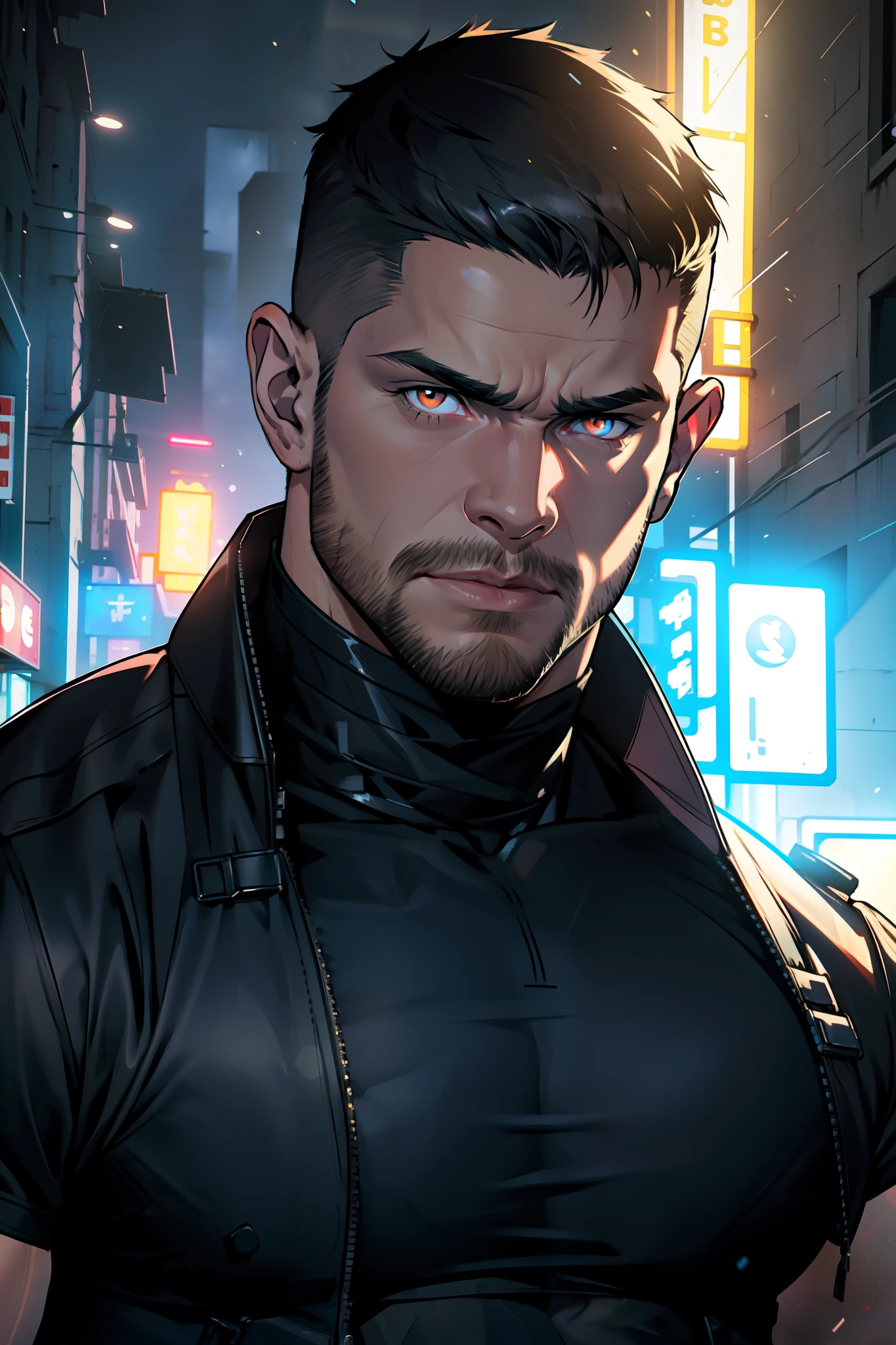 muscular man, thin beard, young, young adult, short hair, Military Haircut, huge, large shoulders, hunk, bara, black shirt, simple shirt, big arms, ((light bokeh)), intricate, elegant, sharp focus, photo by greg rutkowski, soft lighting, vibrant colors, (masterpiece), ((streets)), (detailed face), looking at viewer, orange eyes, glowing eyes, cowboy shot, action pose, half body portrait, thunder storm, ,glitter,neolight ,Contrast Pop Art