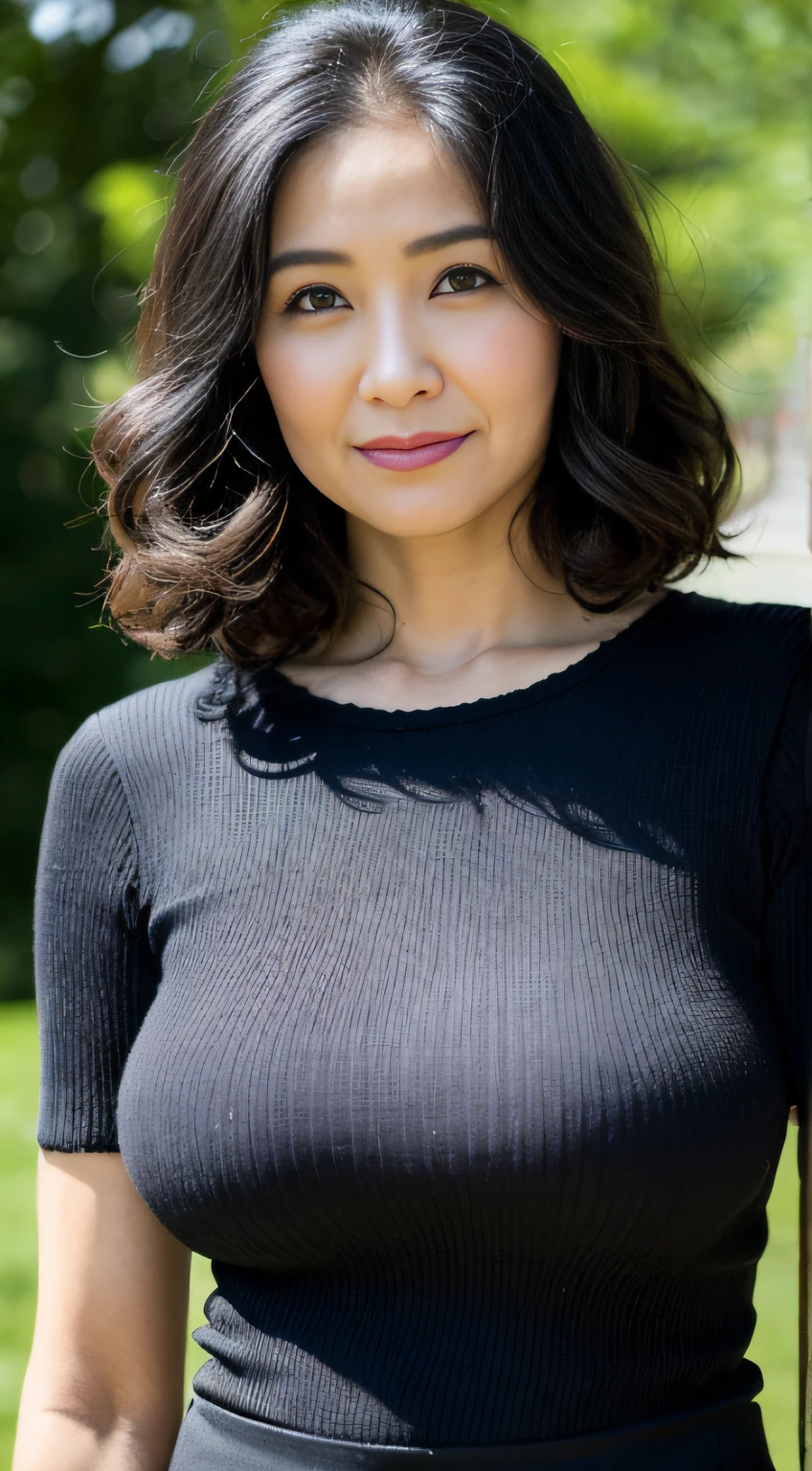 ((Best quality, 8K, Masterpiece, Portrait: 1.3)), (View viewers), Photorealism, Sharp focus, Solo, The Moro Islamic Liberation Front of Japan, Beauty,Wavy hair, Wrinkles at the corners of the eyes, to emphasize, ((Big breasts:1.3))),,30 years old, curlies, Wrinkled eyes, Elegant black shirt、Skinny knit dress、((looking at viewert))