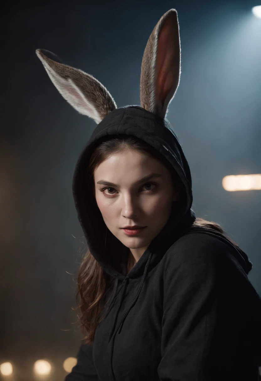 female rabbit, tall, wielding shortsword, hood covers head with ears protruding, dark clothes, leaping forwards, action, face in shadow, scar on face