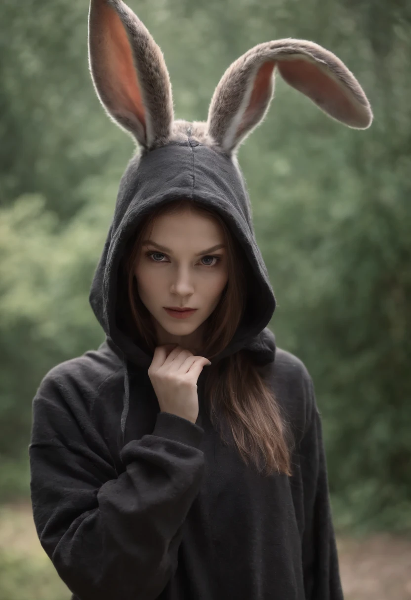 female rabbit, tall, wielding shortsword, hood covers head with ears protruding, dark clothes, leaping forwards, action, face in shadow, scar on face