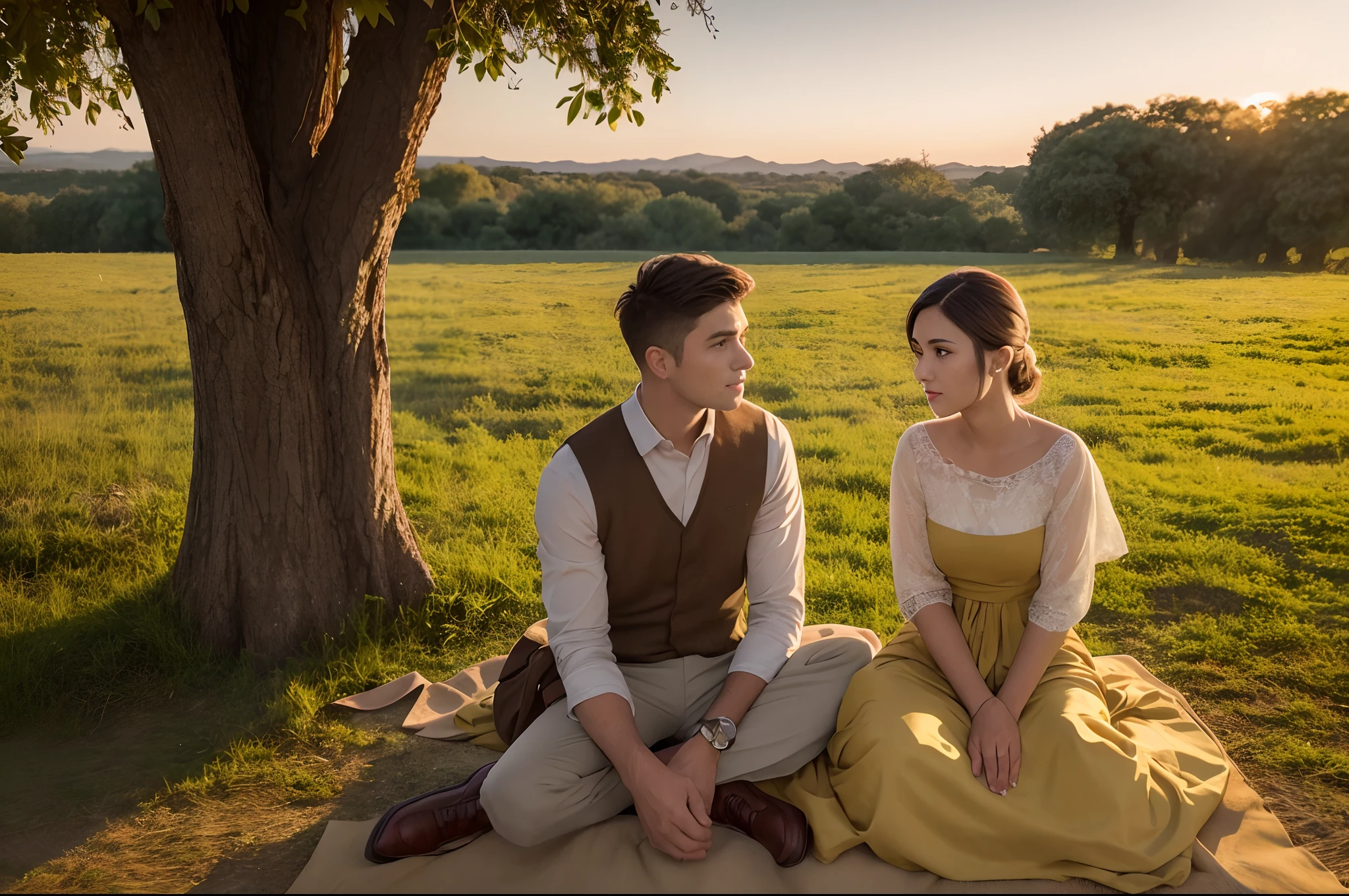 Fallow lands landscape, peasant young couple sitting on the floor talking, dressed with XIX fashion, under a tree with yellowish leaves, some fallen leaves. Soft sunset light. Photorealistic.
