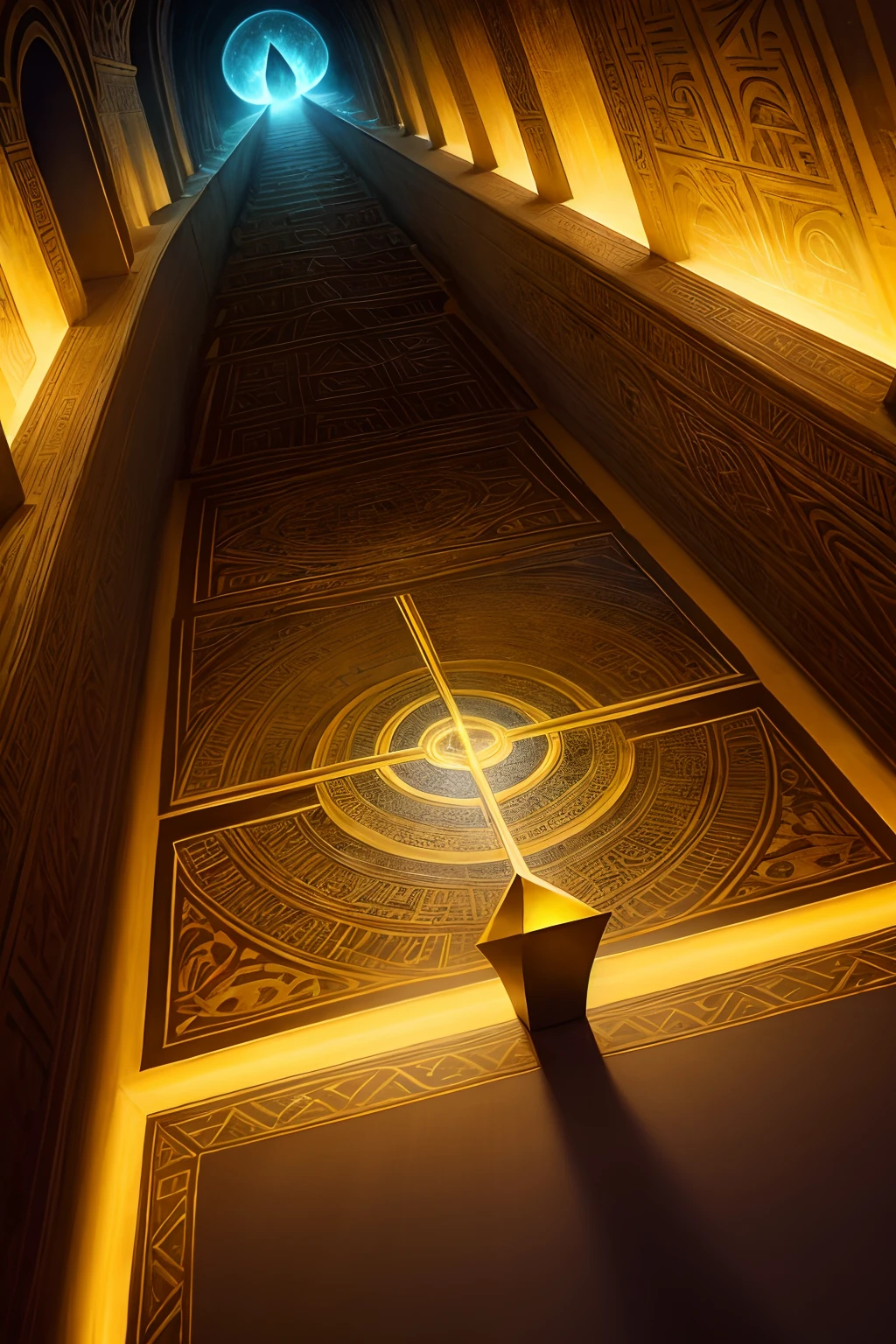 Egyptian labyrinth in the mind, light and dark yellows, astral dream and projection theme, ethereal, oblique perspective, surrealism, painted by Salvador Dali, grotesque style. --s 50