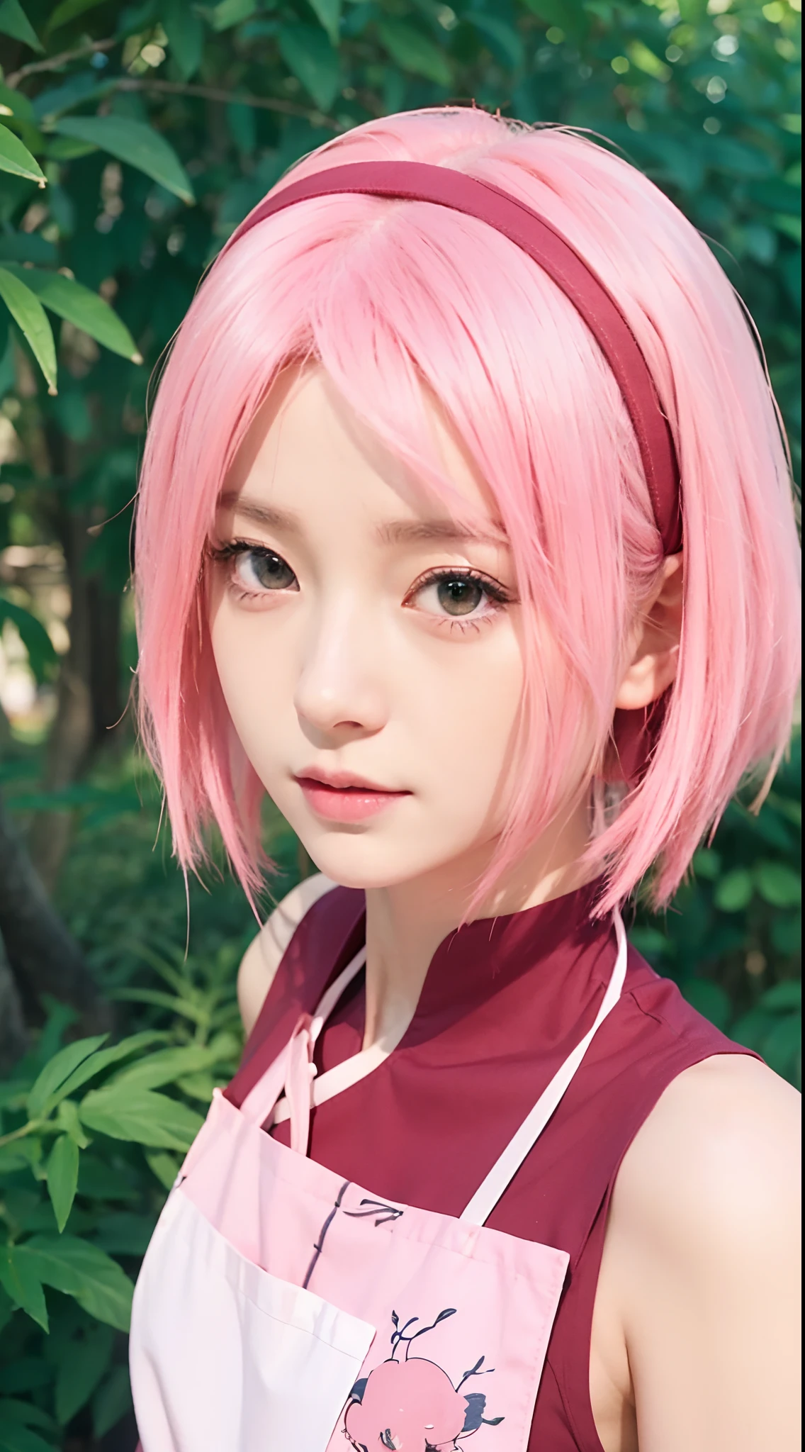 Real life adaption of this character,her name is sakura haruno from anime Naruto,she has a realistic same pink hair with a red headband, realistic same outfit, realistic same apron, beautiful korean teen face, she has green eyes color, realistic light, realistic shadow, realism, hyper realistic,(photorealistic:1.2)