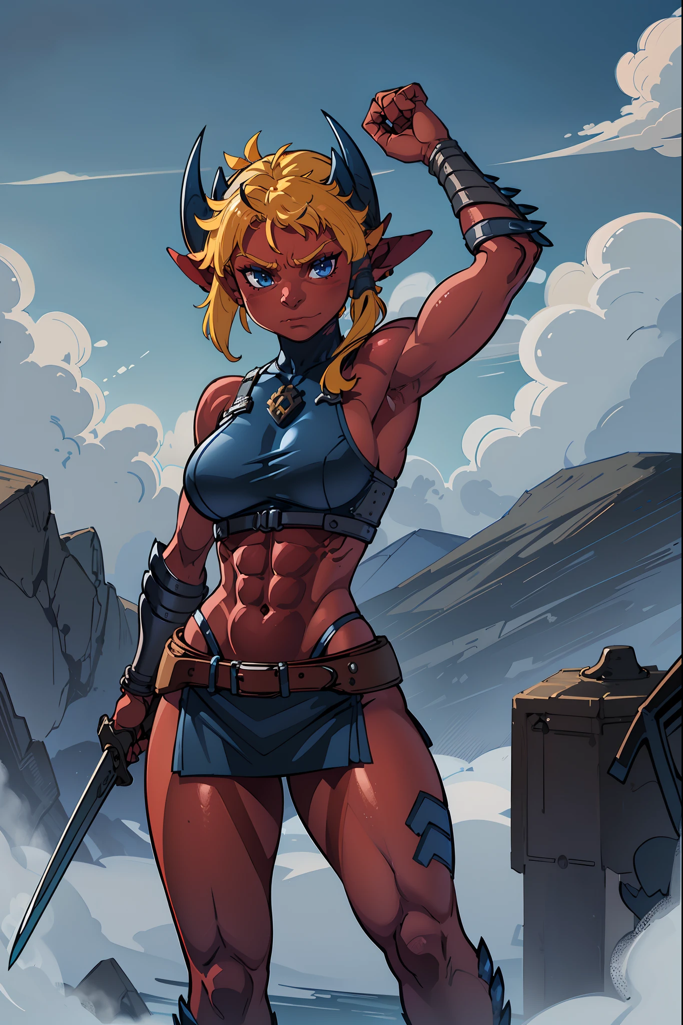 (masterpiece, best quality), outdoors, cowboy shot, 1girl, solo, Arklai, colored skin, tail, large breasts, muscular, abs, biceps, battle cry, clenched hand, (charging forward), looking at viewer, breastplate, shoulder armor, leg armor, full armor, holding sword, weapon, holding weapon,standing