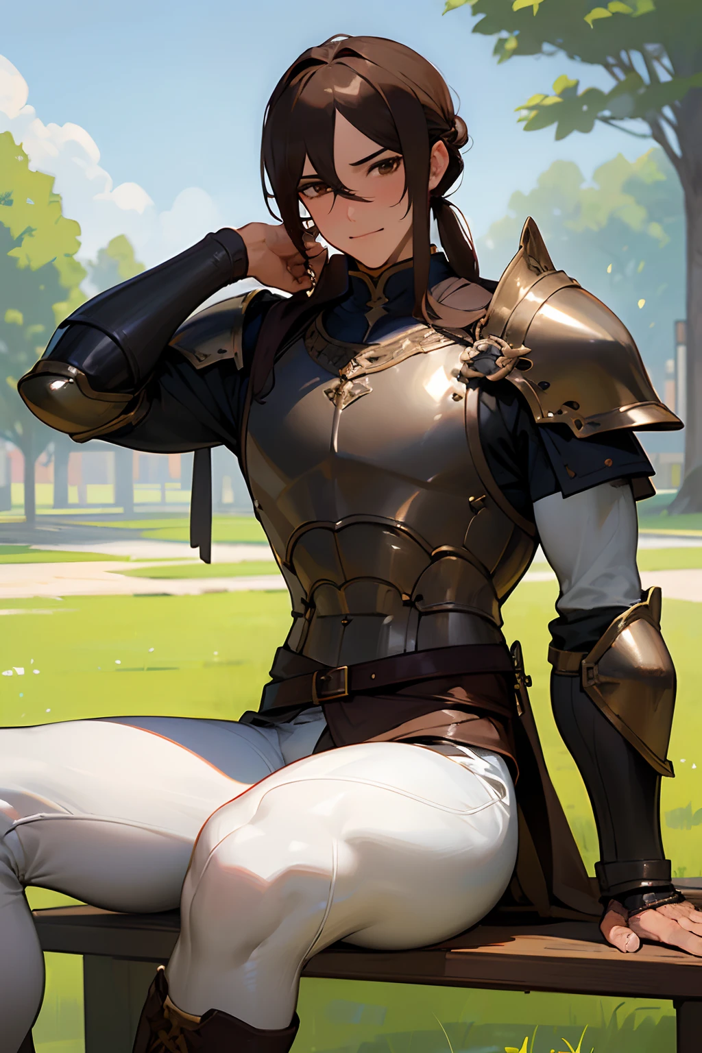 Masterpiece, ultra-high quality, very detailed, trending on ArtStation, 1man, (effeminate), long hair, (brown hair), ((chignon haircut)), looking at viewer, (head tilted slightly upwards), extremely detailed eyes, (brown eyes), blushing slightly, smiling, detailed nose, silver and bronze knight chest armor, wearing black leather leg armor, (groin bulge), ((muscular thighs)), (((detailed leg muscles))), simple black leather laced boots, holding long sword in scabbard, belt and buckles on waist, actor sitting on a wooden bench, town square on background, trees on background, blue sky on background, white clouds on background, birds in the distance, sunny ambiance, ambiance light