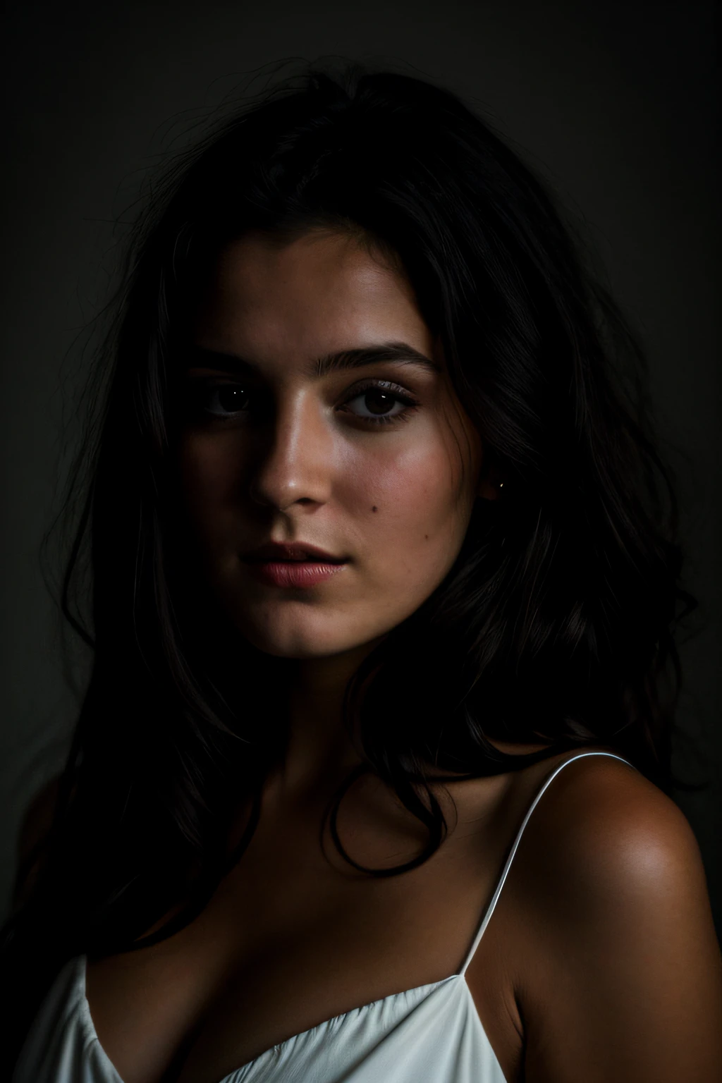 Photo brute, Portrait de visage photo de belle 26 ans.o femme, visage mignon, Porter une robe noire, Visage heureux, ombres dures, cinematic shot, dramatic lighting