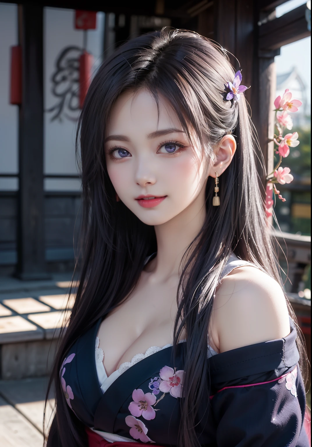 (T's masterpiece, nood,1girll, Solo, Intricate details, Looking up in perspective, color difference), realphoto,(façade), (Shoulder cut), cleavage, close-up, Smile, Sexy Enhancement,Yae Miko, Purple-blue hair, Purple and blue accents, Purple eyes, Sharp look, Perfectly symmetrical figure, Neon Shirt, Jacket exposure, Sweaters, Leaning against the wall, Brick wall, doodle, dim lights, alleyway, Looking at the viewer.((Evil streaks, Cleavage is seductive, The big ones are enchanting)),(((Cherry blossom background) )),((((Japanese Temple Background)))), (((Glows on a dark background)))