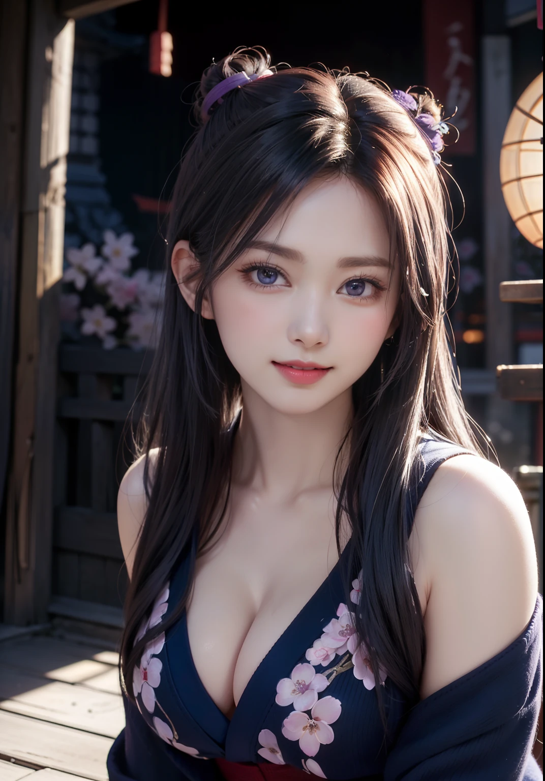(T's masterpiece, nood,1girll, Solo, Intricate details, Looking up in perspective, color difference), realphoto,(façade), (Shoulder cut), cleavage, close-up, Smile, Sexy Enhancement,Yae Miko, Purple-blue hair, Purple and blue accents, Purple eyes, Sharp look, Perfectly symmetrical figure, Neon Shirt, Jacket exposure, Sweaters, Leaning against the wall, Brick wall, doodle, dim lights, alleyway, Looking at the viewer.((Evil streaks, Cleavage is seductive, The big ones are enchanting)),(((Cherry blossom background) )),((((Japanese Temple Background)))), (((Glows on a dark background)))