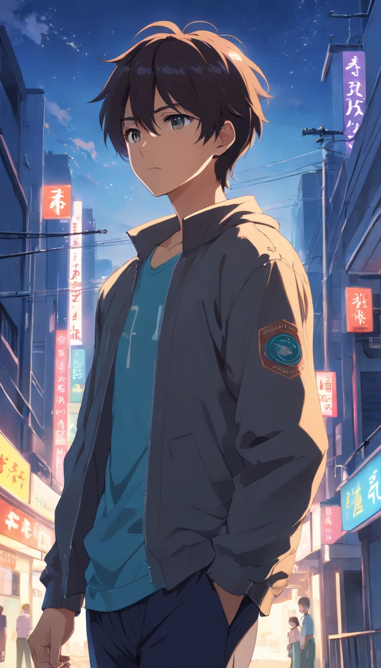 masterpiece、Adults、30Uncle of the generation、twinks、Forehead、30-years old、A dark-haired、Black jacket、Black pants、white t-shirts、Give bangs、Sticking out your forehead、twinks、Eyes drawn in detail、a handsome、Inside the city、starrysky、Mystical light、Dramatic light、Cinematic power、