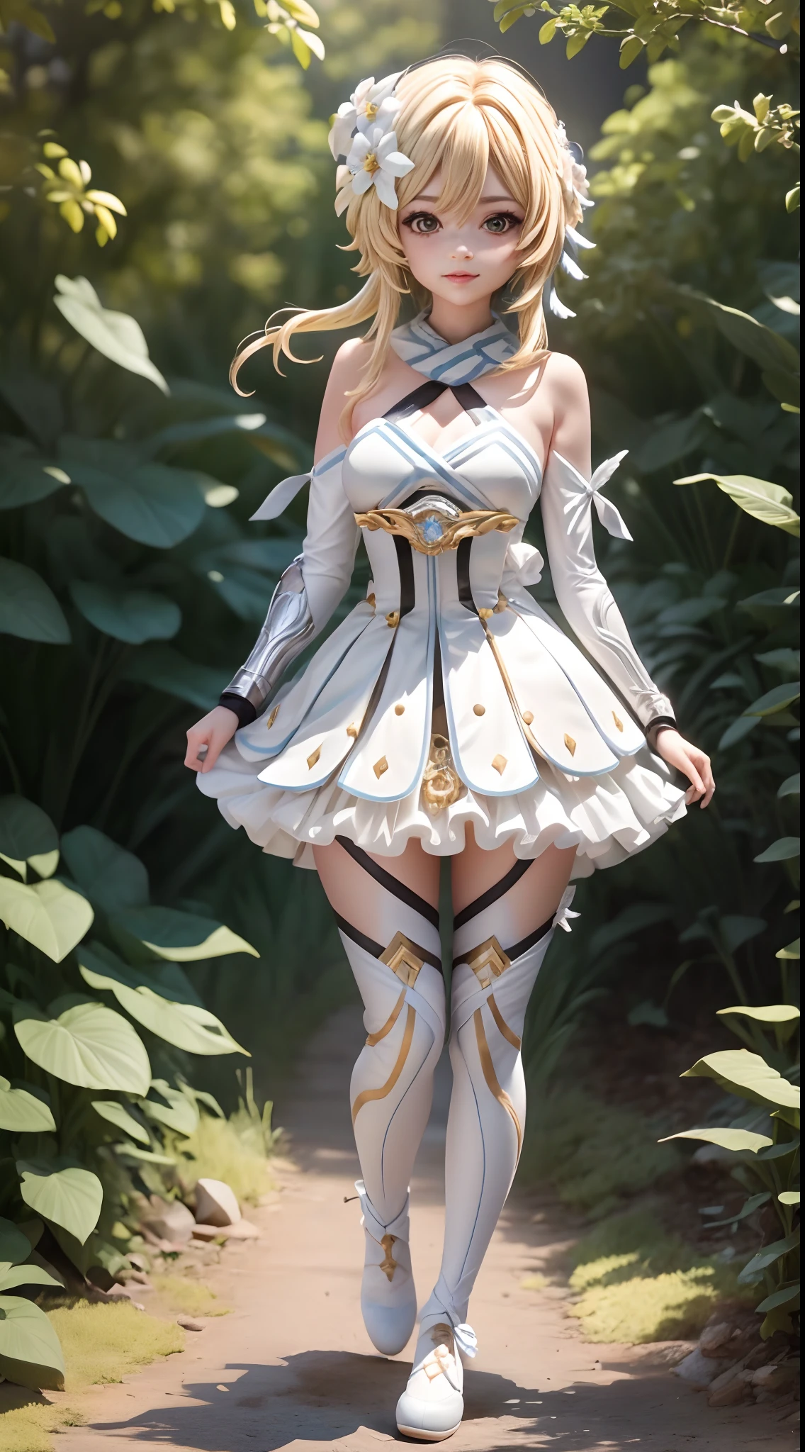 (Blind box toy style:1.2), ((Full body shot:1.4)) (((masterpiece))), 4k res, highly detailed, (((extremely detailed eyes))), cinematic lighting, crystal clear eyes, high quality, highres, ultra-detailed, 8k, best quality, ((1girl, solo)), shadow, backlighting, Thick Eyelashes, Wide Sleeve, thick thighs, (masterpiece:1.3), (the best quality:1.2), (super fine illustrations:1.2), (Masterpiece), high quality, high detail,(SOLO:1.4),((round image)), whole body, (lumine,genshin impact) smile, blush, closed mouth, cryokinesis, black gloves, thick, arms behind back, forest background,(circular base) ( Global illumination, Ray traching, hdr, unreal render,reasonable design, high detal, Masterpiece, Best quality, hyper HD, Cinematic lighting)