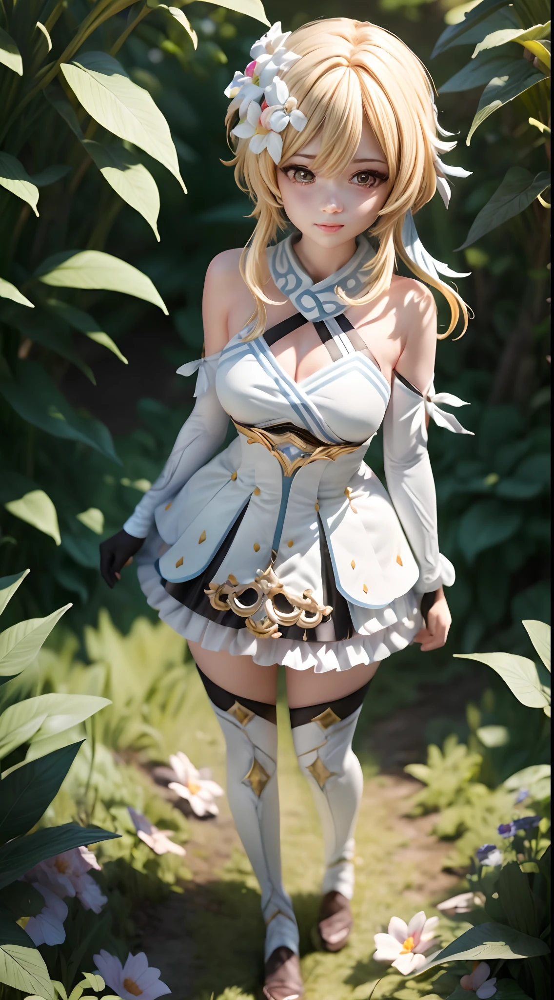 (Blind box toy style:1.2), ((Full body shot:1.4)) (((masterpiece))), 4k res, highly detailed, (((extremely detailed eyes))), cinematic lighting, crystal clear eyes, high quality, highres, ultra-detailed, 8k, best quality, ((1girl, solo)), shadow, backlighting, Thick Eyelashes, Wide Sleeve, thick thighs, (masterpiece:1.3), (the best quality:1.2), (super fine illustrations:1.2), (Masterpiece), high quality, high detail,(SOLO:1.4),((round image)), whole body, (lumine,genshin impact) smile, blush, closed mouth, cryokinesis, black gloves, thick, arms behind back, forest background，（circular base） ( Global illumination, Ray traching, hdr, unreal render,reasonable design, high detal, Masterpiece, Best quality, hyper HD, Cinematic lighting)