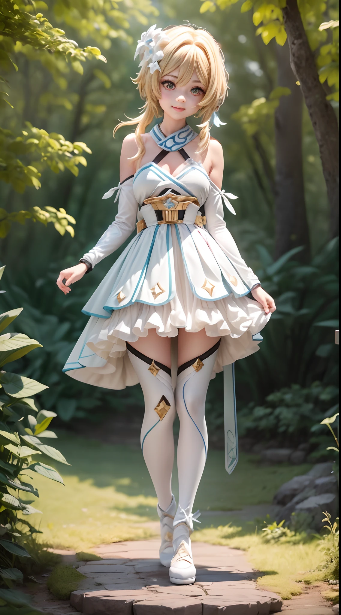 (Blind box toy style:1.2), ((Full body shot:1.4)) (((masterpiece))), 4k res, highly detailed, (((extremely detailed eyes))), cinematic lighting, crystal clear eyes, high quality, highres, ultra-detailed, 8k, best quality, ((1girl, solo)), shadow, backlighting, Thick Eyelashes, Wide Sleeve, thick thighs, (masterpiece:1.3), (the best quality:1.2), (super fine illustrations:1.2), (Masterpiece), high quality, high detail,(SOLO:1.4),((round image)), whole body, (lumine,genshin impact) smile, blush, closed mouth, cryokinesis, black gloves, thick, arms behind back, forest background,(circular base) ( Global illumination, Ray traching, hdr, unreal render,reasonable design, high detal, Masterpiece, Best quality, hyper HD, Cinematic lighting)