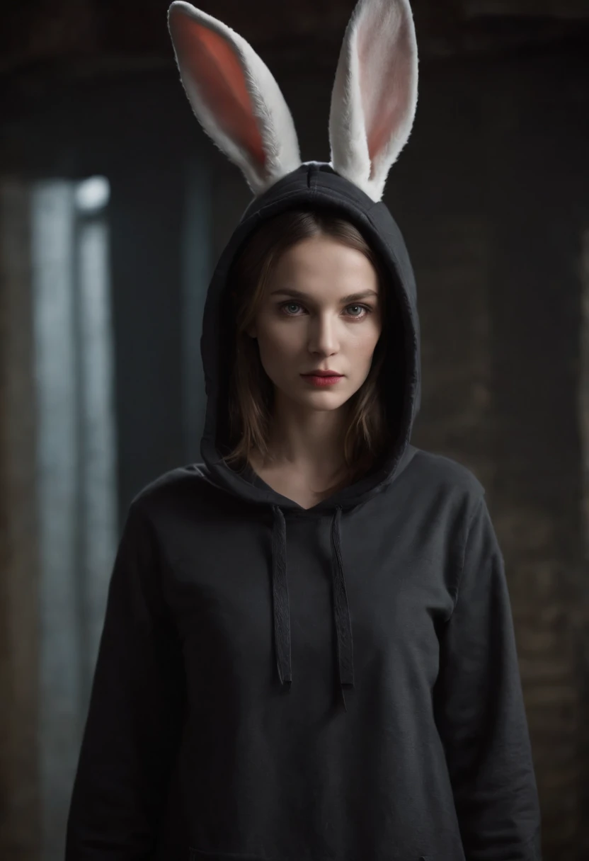 female rabbit, tall, shortsword, hood covers head with ears protruding, dark clothes, face in shadow, menacing