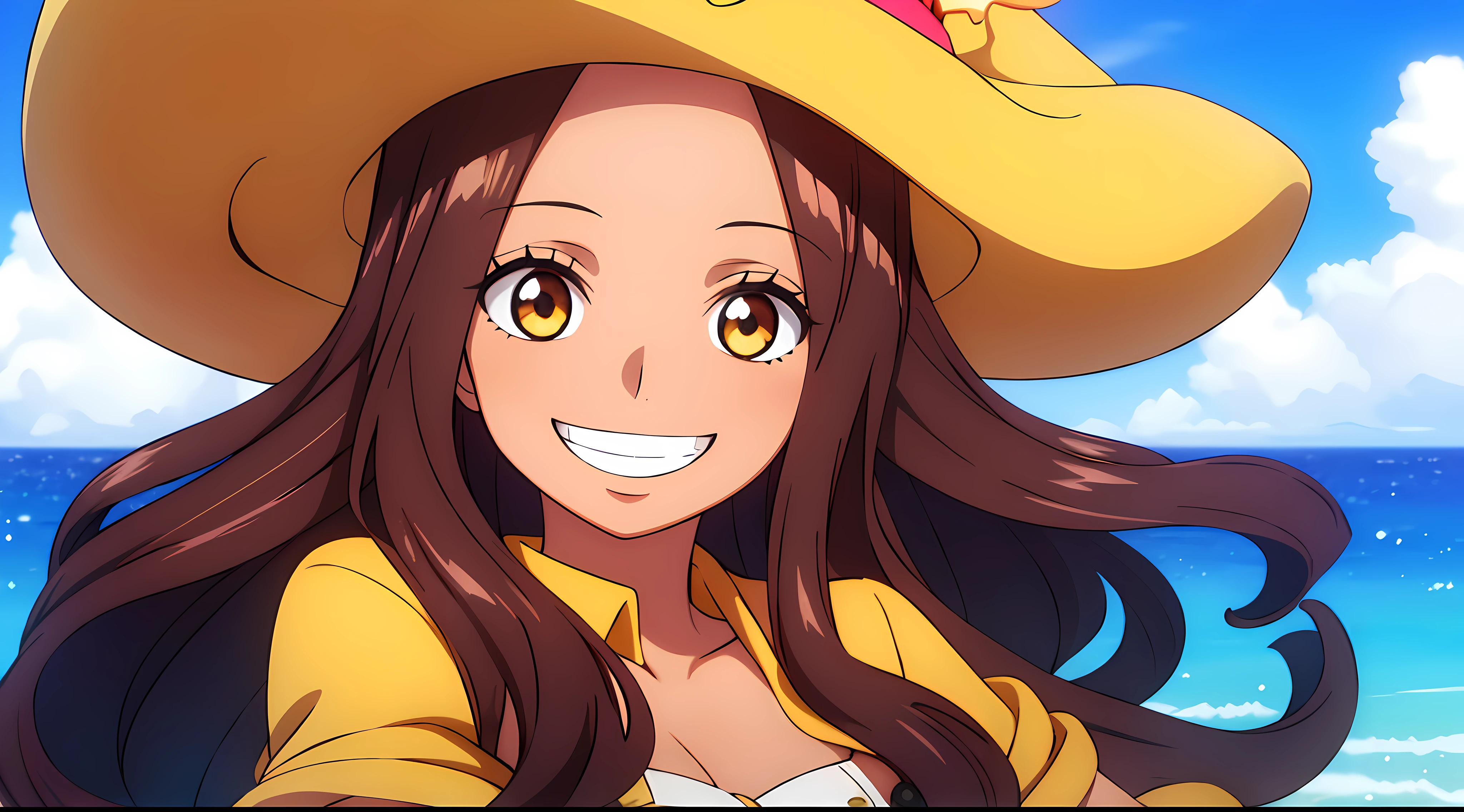 Masterpiece, Best quality, 1lady, ((solo)), tanned skin, long wavy curly brown hair, parted bangs, forehead, yellow eyes, grinning, confident smile, on ship, sea, close up, pirates hat