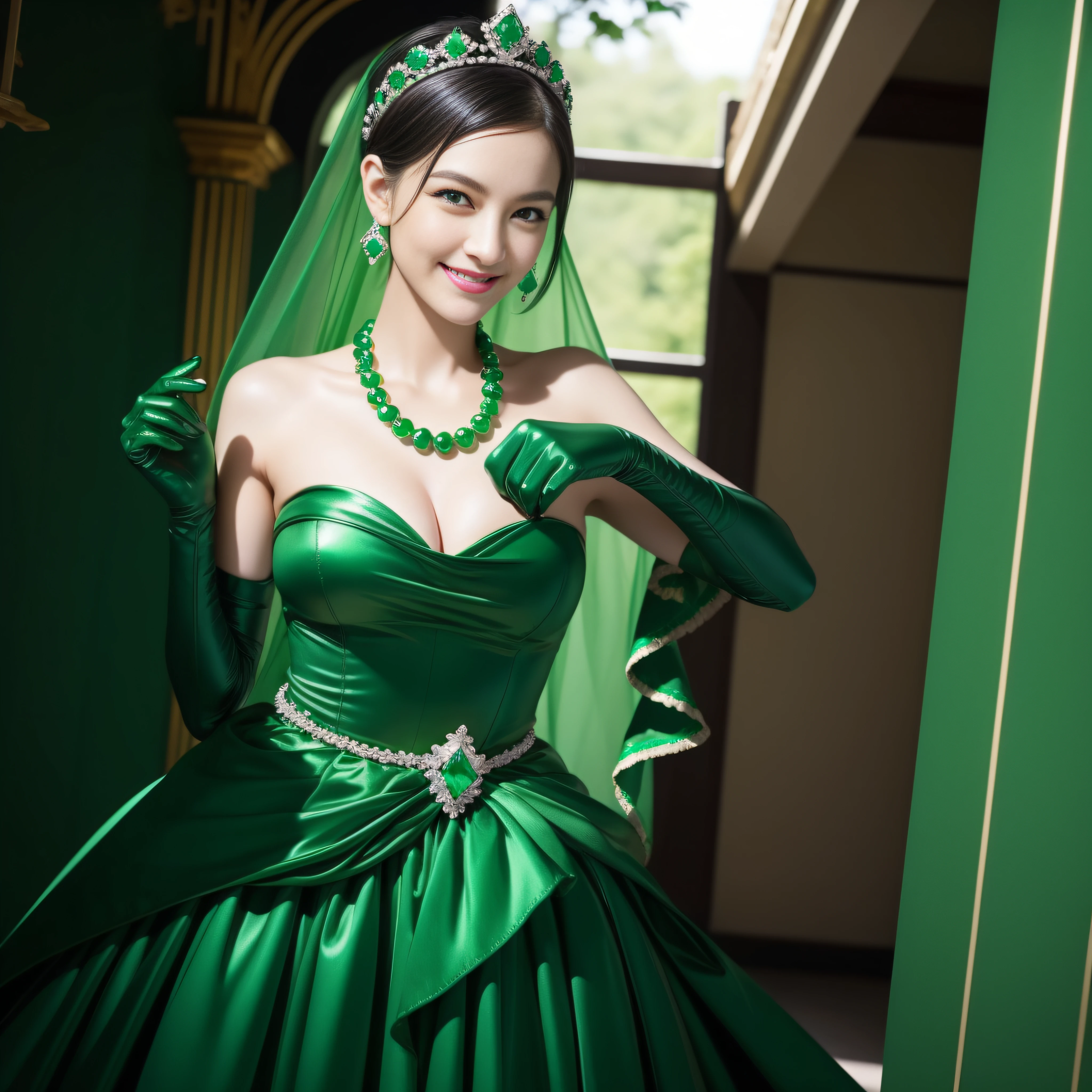 emerald tiara, Green Pearl Necklace, Boyish very short black hair, lipsticks, Japan woman smiling, very short short hair, big breasts beautiful, Green eyes, Long green gloves made of satin material, Green eyes, Emerald Earrings