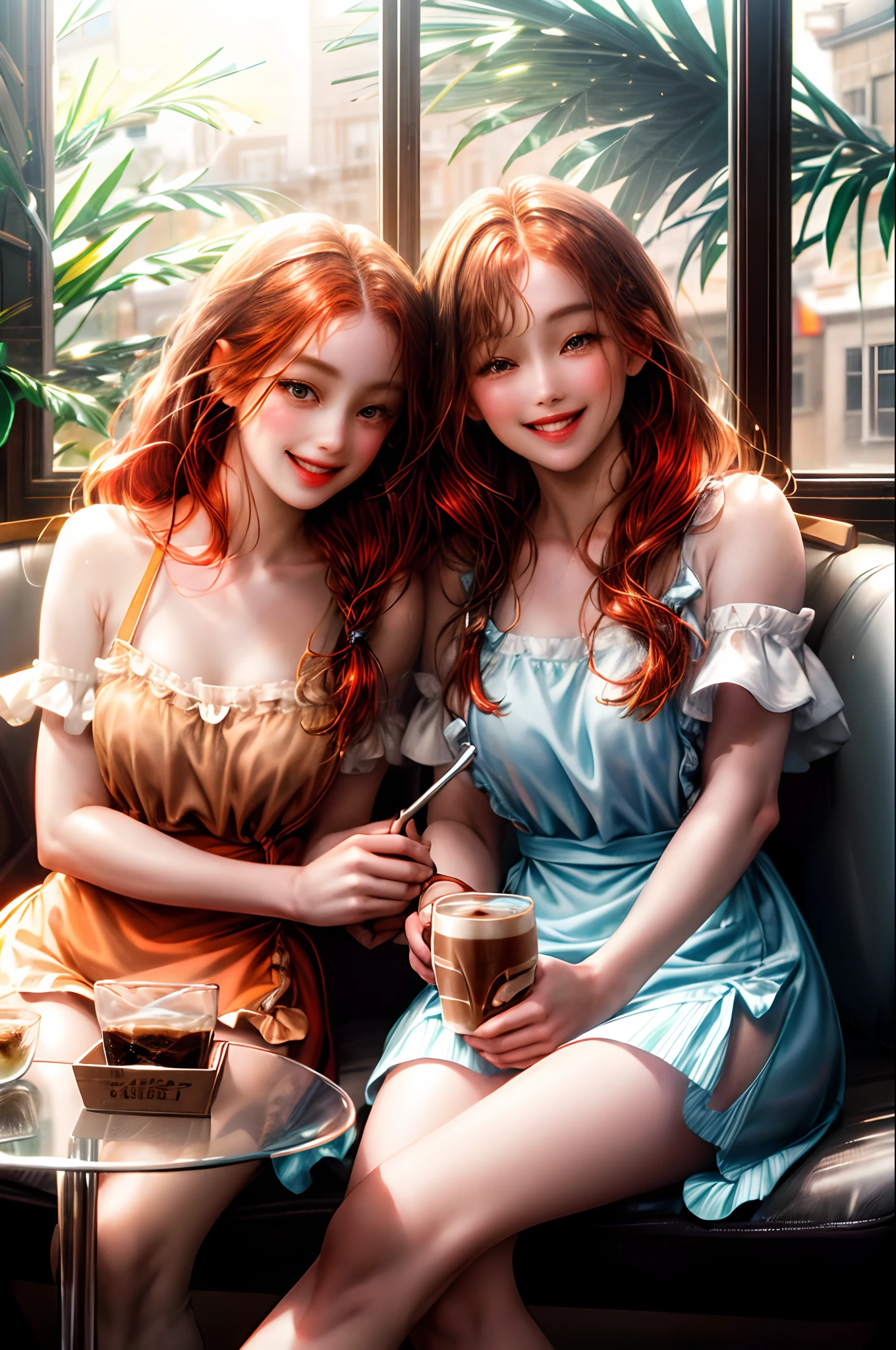 (absurd, highres, ultra detailed), 2girl, sitting at a table near the window where the shops outside are reflected, are in a coffee shop, drinking coffee from the same glass with two straws, friends smiling at camera, (((Red hair girll smile))), (((brown hair girl laugh))) , (((two friends sitting next to each other))), (((2 best friend hang out at  cafe))),((( university students))), ((( holding cup of coffee)))