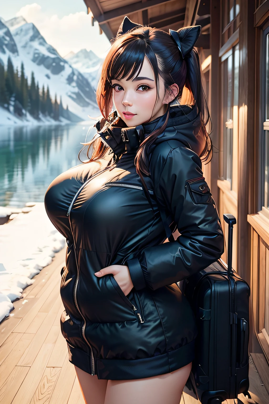 Make a woman with big breast, Black long winterjacket , with open zipper, with face, body, Lakeside house, travel bag, dog Nude