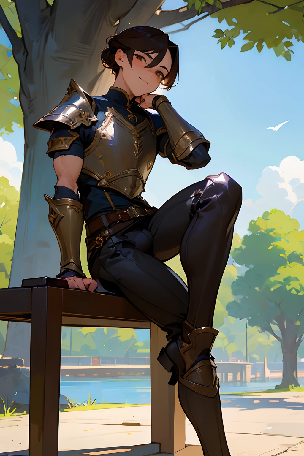 Masterpiece, ultra-high quality, very detailed, trending on ArtStation, 1man, (effeminate), long hair, (brown hair), ((chignon haircut)), looking at viewer, (head tilted slightly upwards), extremely detailed eyes, (brown eyes), blushing slightly, smiling, detailed nose, silver and bronze knight armor, wearing full black leather leg armor, (groin bulge), ((muscular thighs)), (((detailed leg muscles))), simple black leather laced boots, holding long sword in scabbard, belt and buckles on waist, actor sitting on a wooden bench, town square on background, trees on background, blue sky on background, white clouds on background, birds in the distance, sunny ambiance, ambiance light