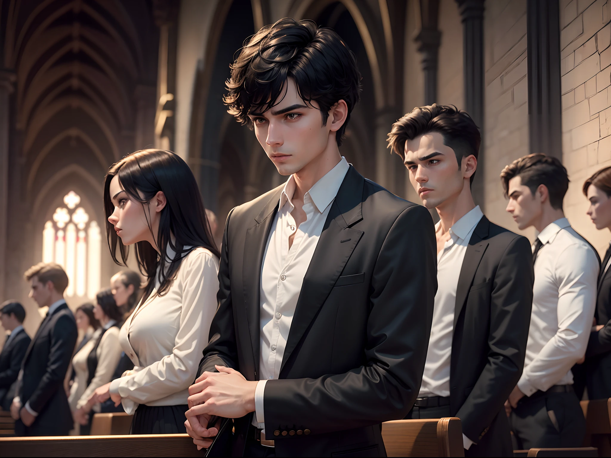 8K realistic image of a 25 year old man, short black hair, dressed in a black blazer and a white blouse underneath, neutral expression, looking to the side, head down, last in line inside a church, night scene