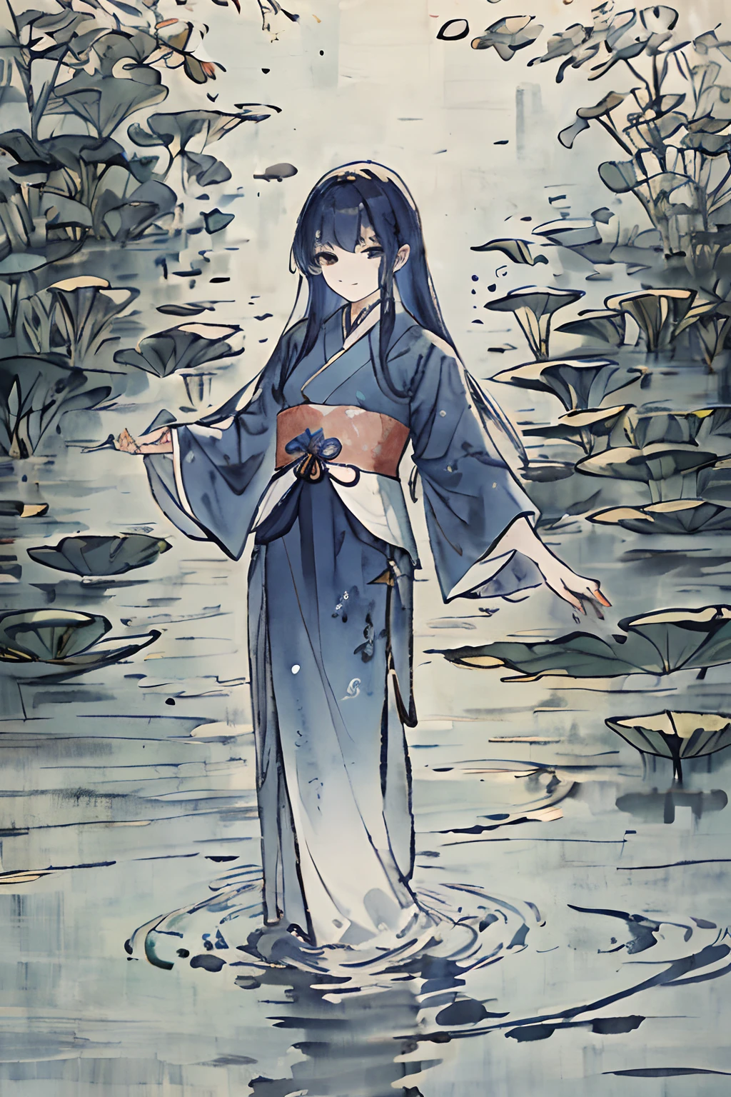 ((4k,masterpiece,best quality)), shuimobysim, traditional chinese ink painting, lotus, hanfu, maxiskit, dress conservatively 1girl, solo, long blue hair, smile, standing, feet in the water, barefoot,