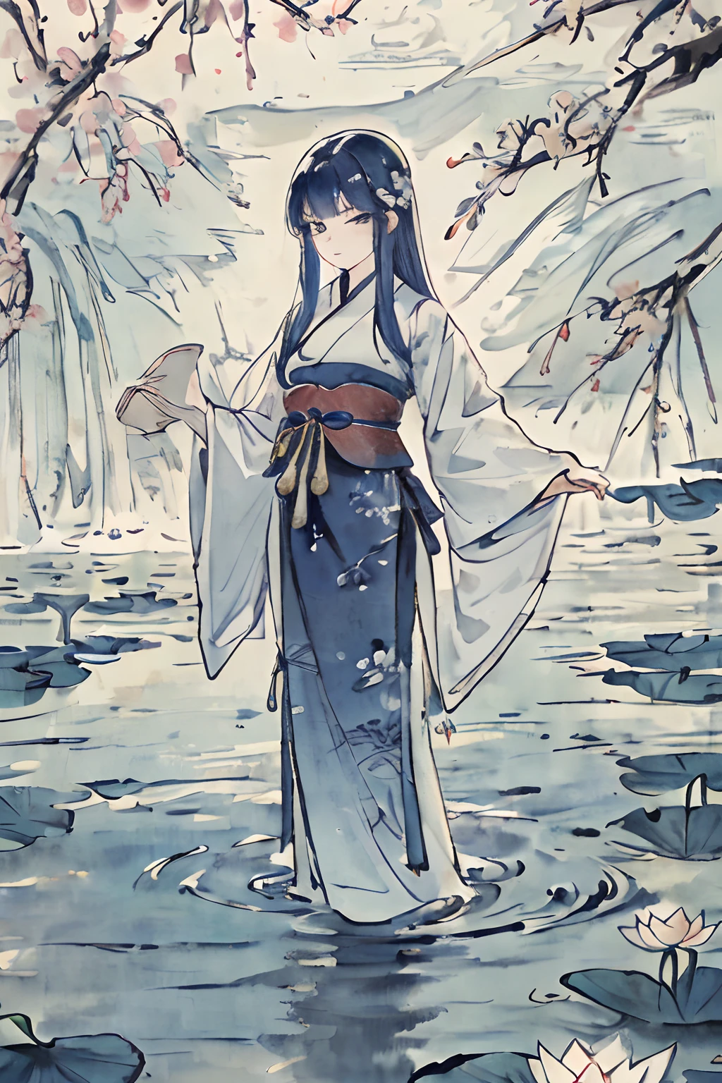 ((4k,masterpiece,best quality)), shuimobysim, traditional chinese ink painting, lotus, hanfu, maxiskit, dress conservatively 1girl, solo, long blue hair, smile, standing, feet in the water, barefoot,